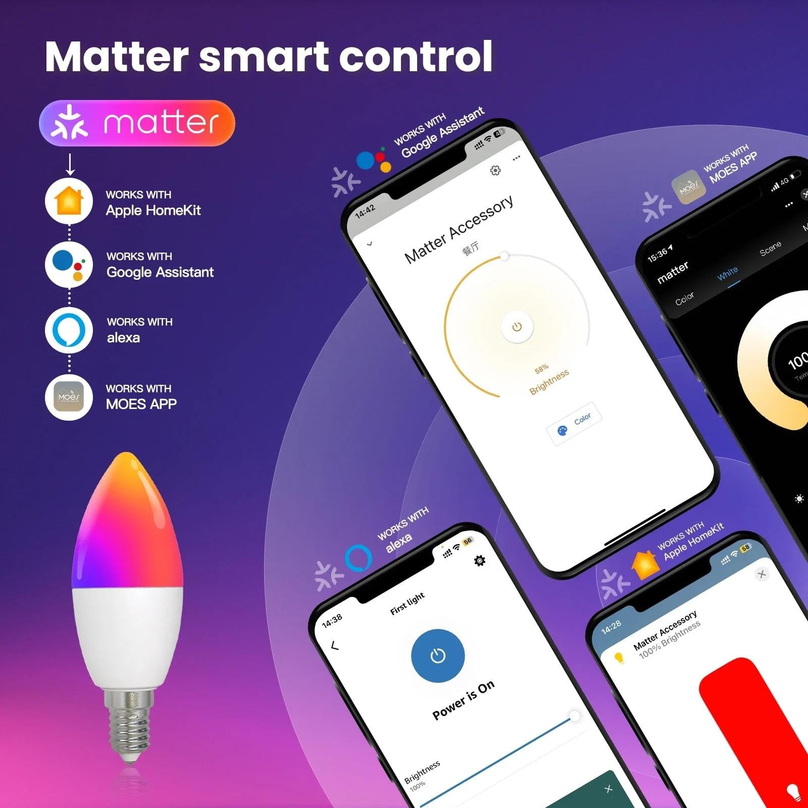 Lampadina Intelligente Tuya WiFi Dimmerabile LED 16 Milioni di Colori RGB Lampada A Candela E14 Controllo Vocale Alexa Google Home,4pcs