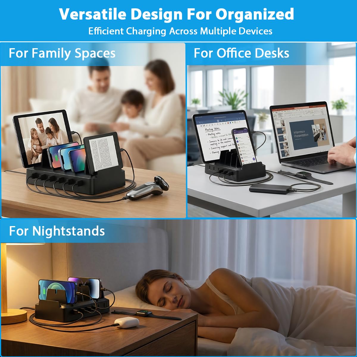 Stazione di ricarica per più dispositivi, 6 stazioni di ricarica con materiale ignifugo e 6 cavi per Apple, Android, iPad, scrivania da ufficio dock organizer (nero)