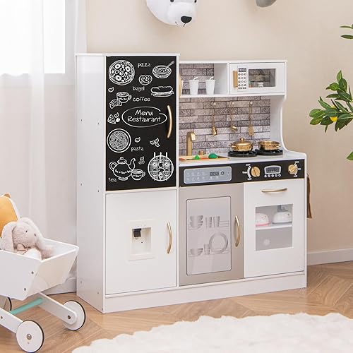 Miniatura 8 de Costzon Juego de cocina para niños, juego de cocina grande de madera con sonidos y luces reales, microondas, pizarra, horno, máquina de hielo