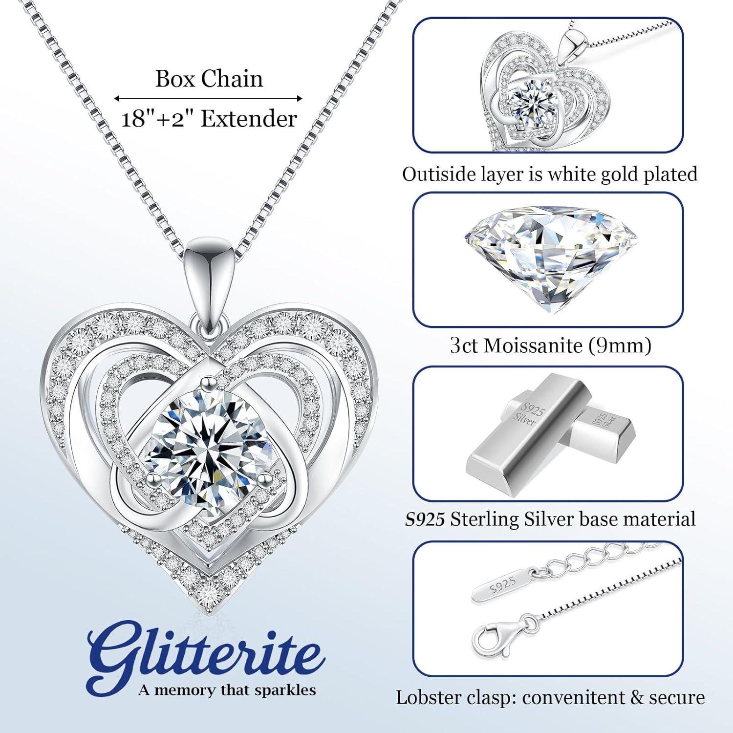 1-3 Carat Moissanite Necklace for Women, 925 Sterling Silver Heart Pendant Necklace Moissanite Diamond Necklace, Birthday Gift Anniversary Present for Wife, Girlfriend, Daughter, Mom