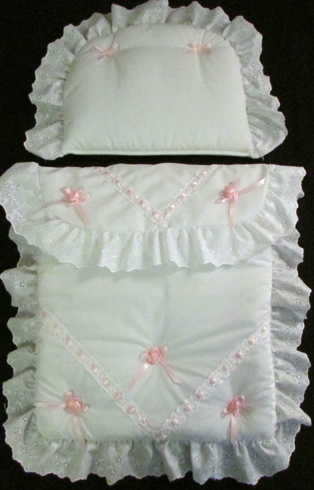 Dolls Pram Bedding Set to fit Silver Cross Dolls Oberon Chatsworth (Pink Rose Daisy Flower)