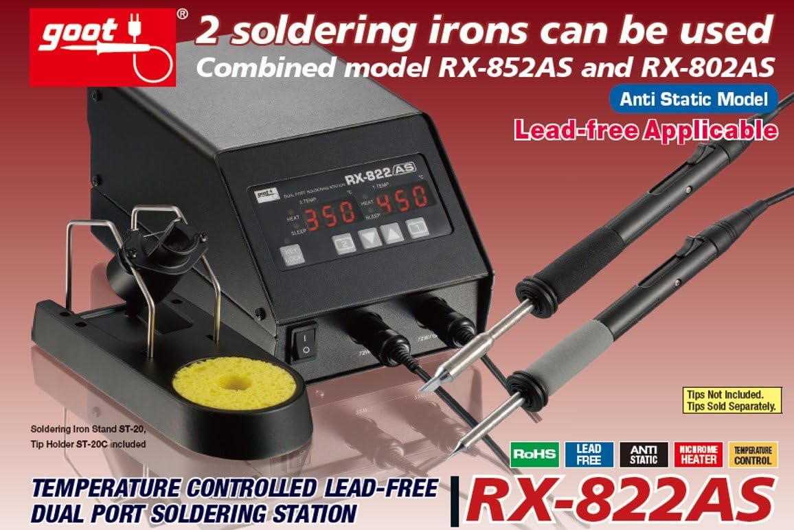 Goot Rx-822as Hi-power Double Soldering Station. Anti Static (Esd) Safe, Fast Response (Reaches 350c in 14 Sec), Rohs / Nichrome Heater. 150w-heater, Tip Is a Long-life Compact Type with Integrated Heater. Made in Japan