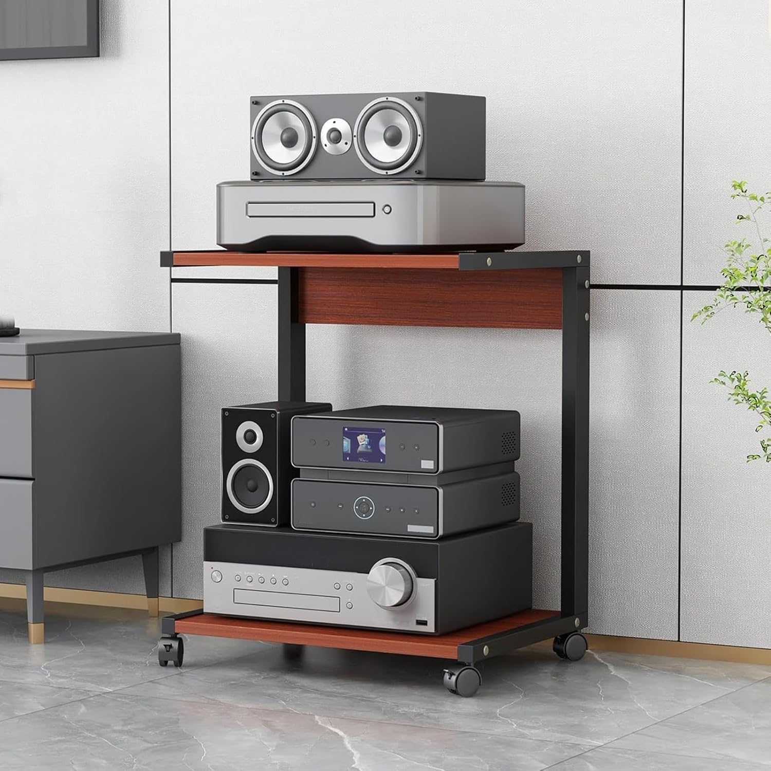 Stojak na sprzęt audio HiFi, 2-poziomowy stojak na sprzęt audio AV, półka na gramofon/konsolę do gier/DVD, drewniana szafka pod telewizor stereo, do salonów, pokojów gier i centrów rozrywki (natu