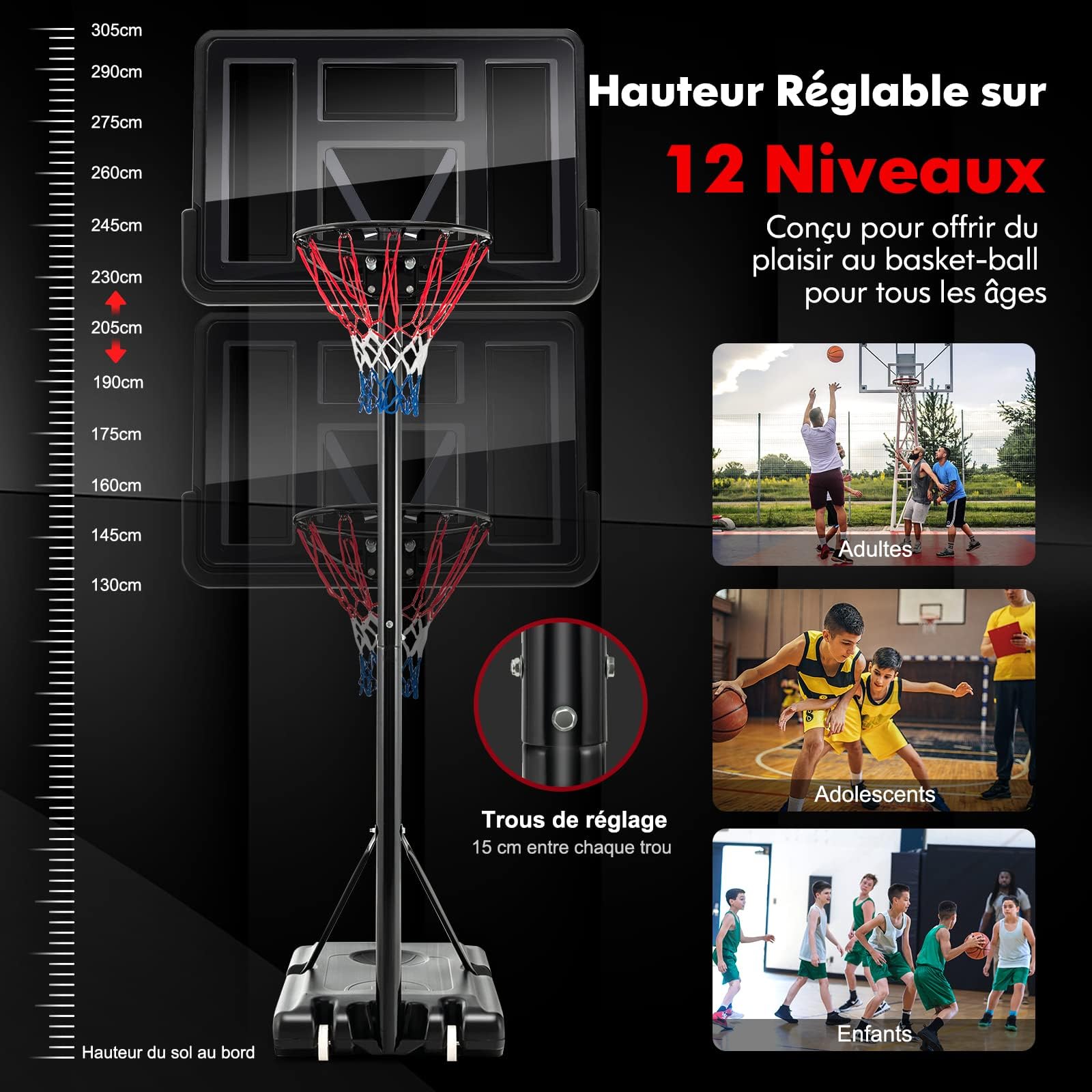 GYMAX Panier Basket Extérieur pour Enfants Adultes, Hauteur Réglable 135-305CM, Mobile avec Roues, Base Remplissable, 2 Filets Fournis, Panneau Arrière Incassable