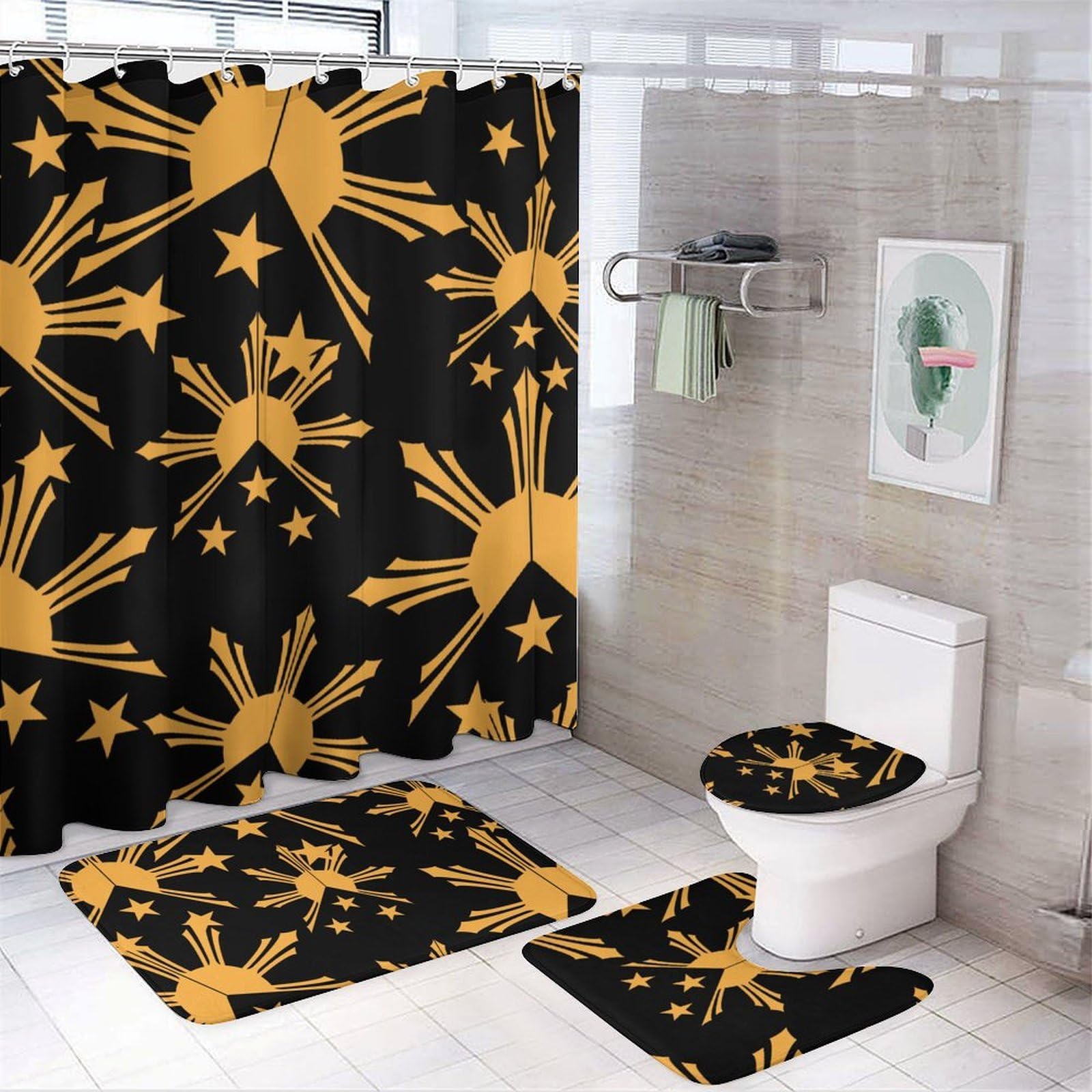 Tribal Philippines Filipino Sun Stars Flag 4 Pcs Shower Curtain Set Bathroom Sets with Rugs Toilet Lid Cover Bath Mat Bathroom Decor