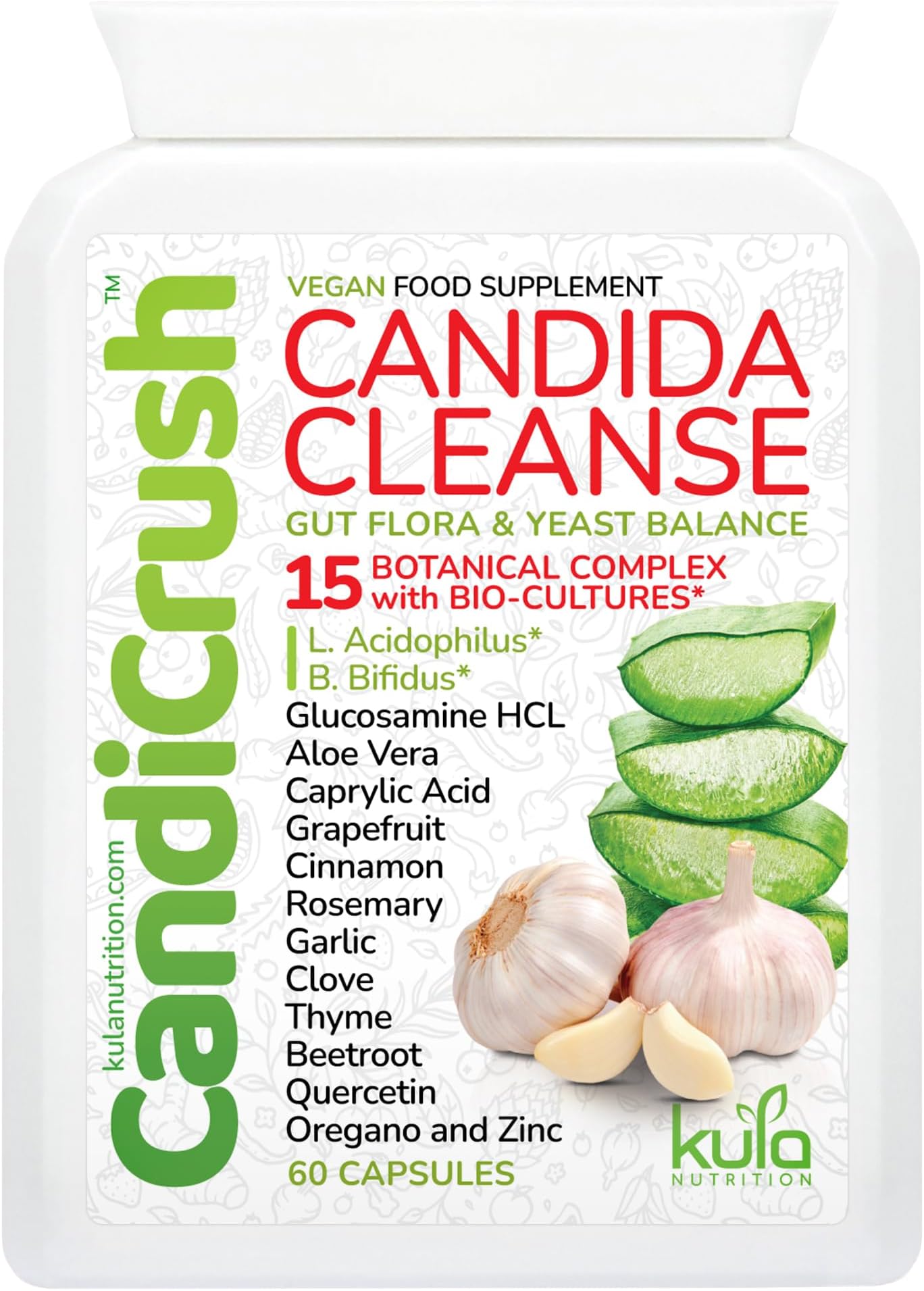 CandiCrush - Candida Cleanse Complex - Herbal Thrush Tablets - Natural Candida Treatment for Women and Men with Probiotic Live Friendly Bacteria for Yeast Infection - 60 Vegan Capsules