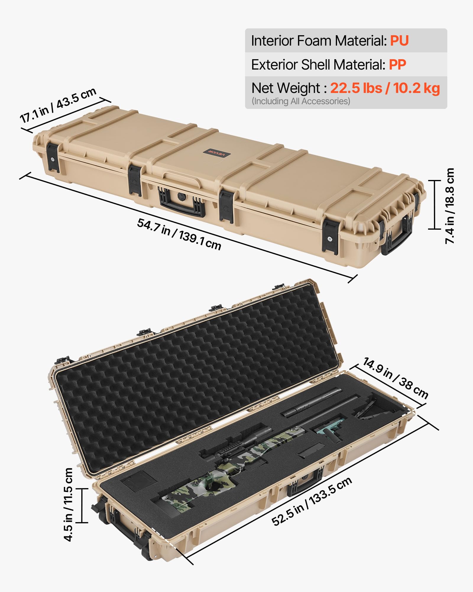 VEVOR Twardy futerał na broń długą, PP, z zamkiem i wstępnie wyciętą pianką, zwijany, wodoszczelny IP67, 1391 x 435 x 188 mm, kolor khaki, do podróży środkami transportu publicznego
