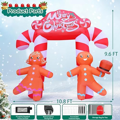 Miniatura 6 de GOOSH Arco inflable de Navidad de 9.6 pies para decoración al aire libre, bonito arco de bastón de caramelo con pareja de pan de jengibre con LED