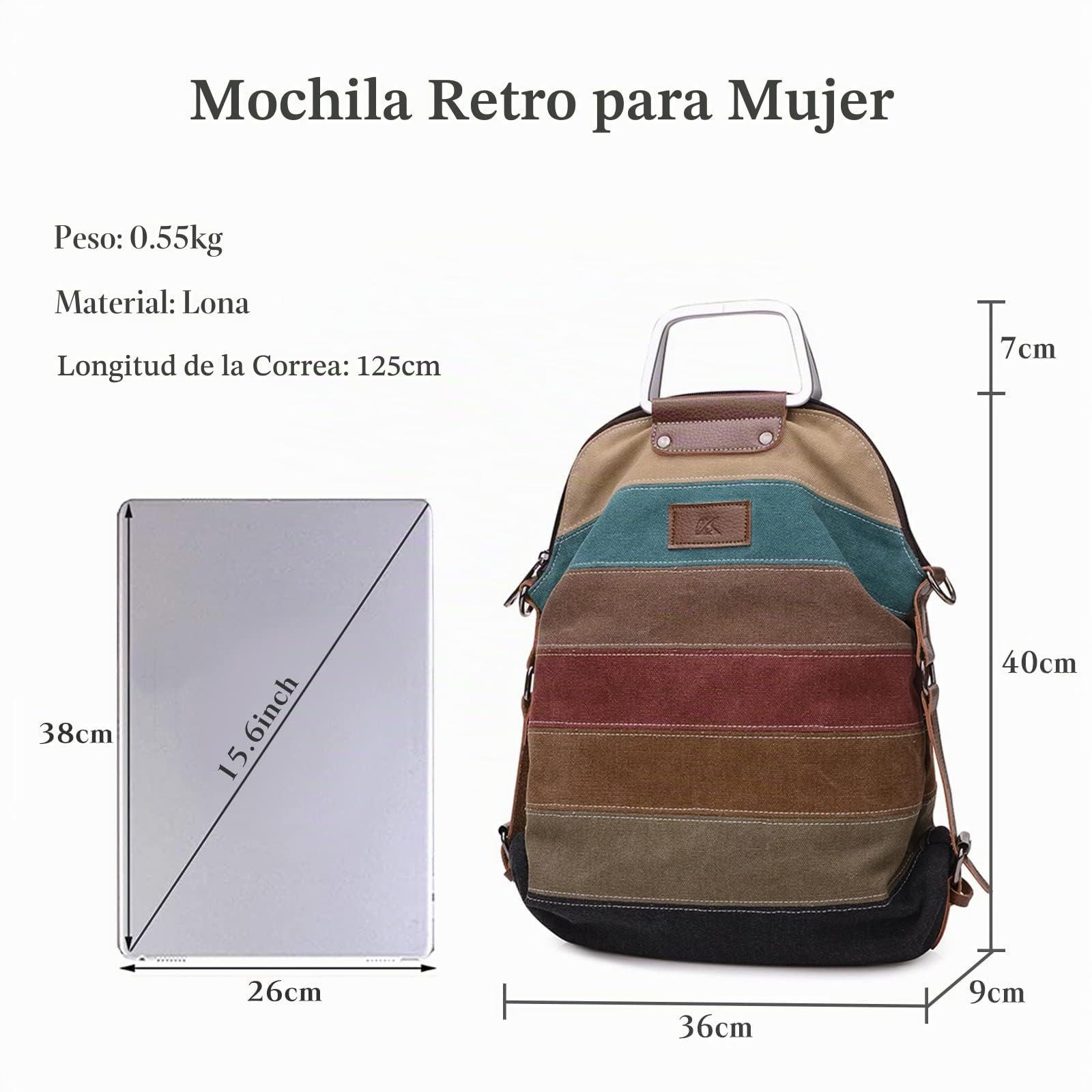 Casual Mochila Bolso Bandolera de Lona Multicolor Rayas Bolso de Hombro Señora Bolso de Mano para Viajes Escolares Trabajo Uso Diario Rojo