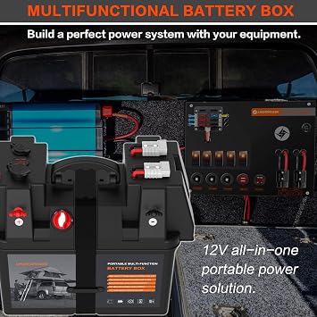 AMOMDPOWER 12-24V Multi-Function Battery Control Box Camping Electrical System Waterproof Jumper Box Retrofit Heavy Duty Control Boxes for Marine Trailer Kayak Boat Car RV Solar (No Battery)