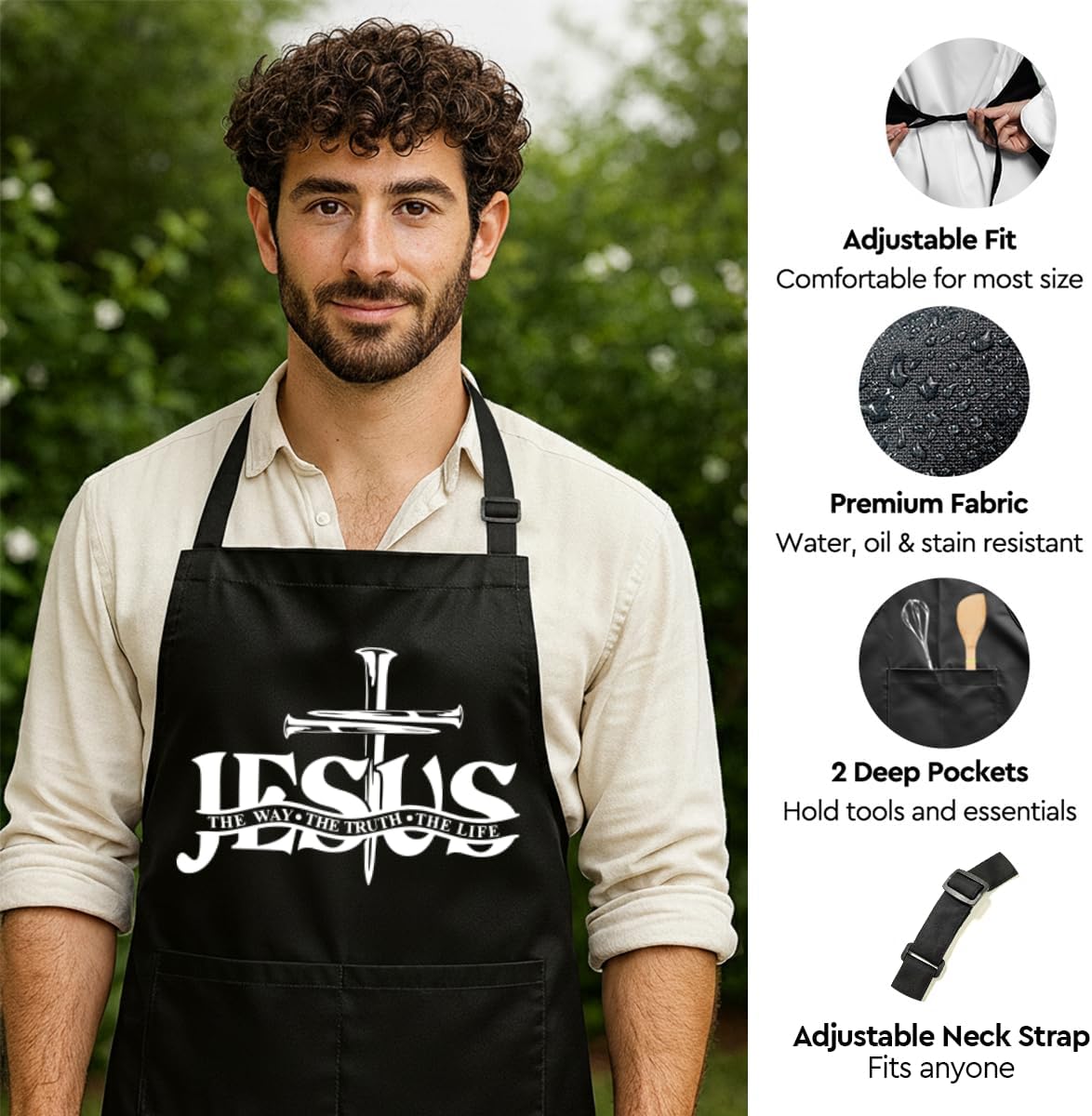 Funny Black Grill Apron with Pockets for Man,Dad,Husband,Father in Law,Chef Daddy Grilling Apron BBQ Cooking Gifts - Image 2