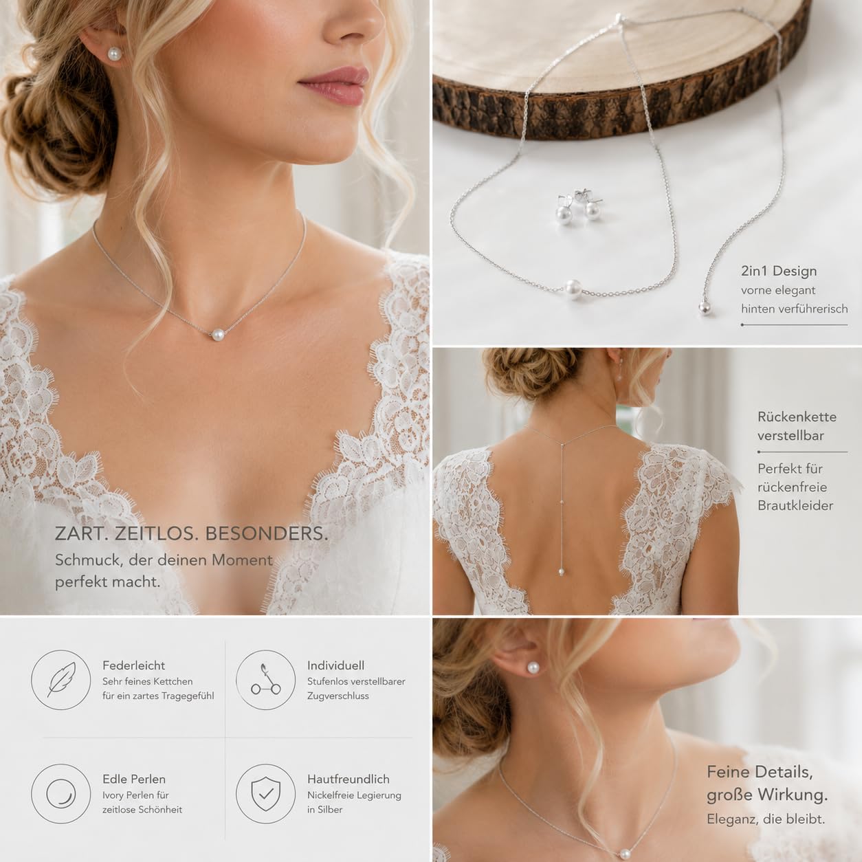 2 en 1 - Collar para novia de plata con perlas, collar para vestidos de novia sin espalda con cadena ajustable en la espalda y pendientes de perlas, juego de joyas para boda, oficina de