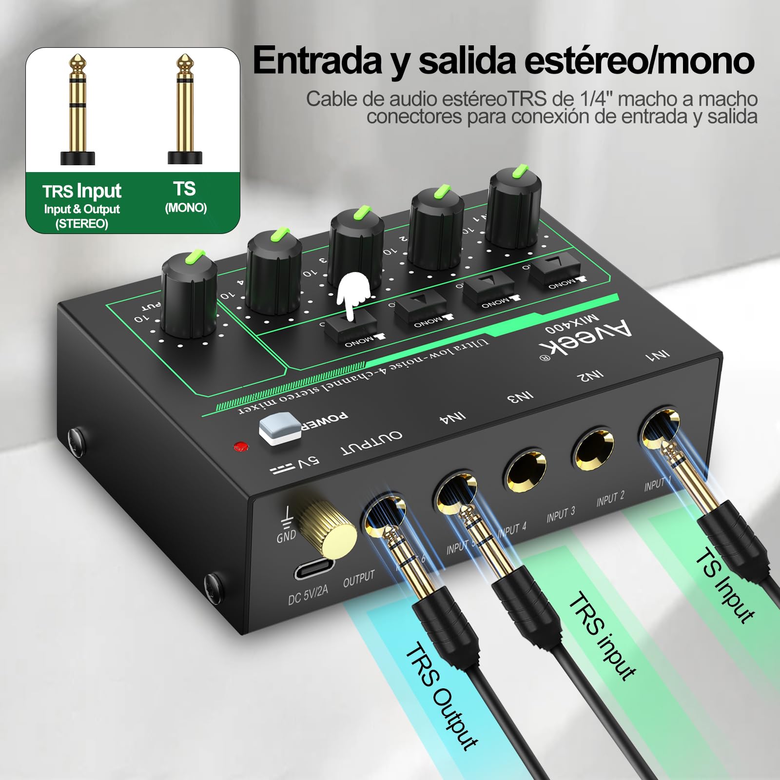 Aveek Mini Line Audio Mixer - Mezclador de Sonido de 4 Canales con Conmutación Estéreo/Mono y Funcionamiento con Poco Ruido para Submezclas de Precisión, Entrada/salida TRS de 1/4" Ideal para Micró