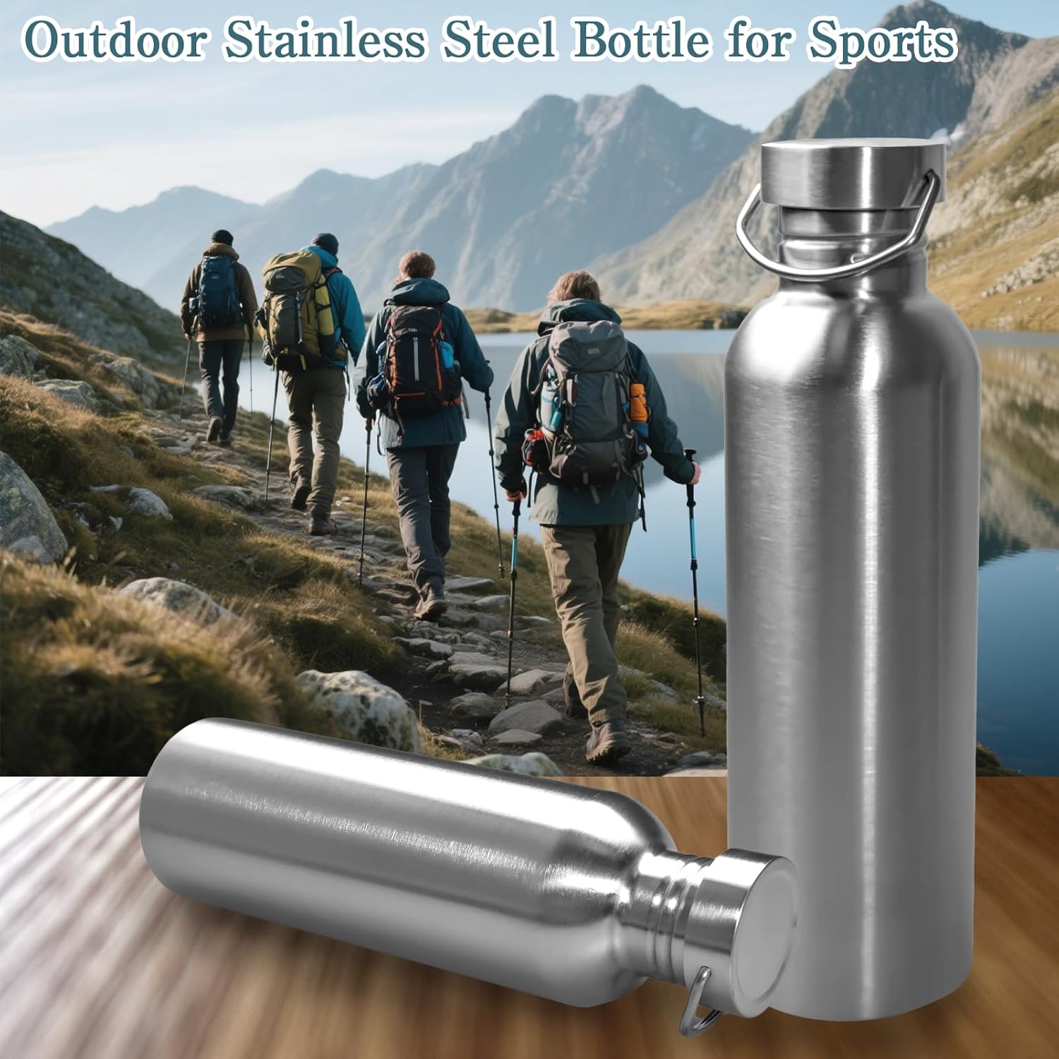 6 Pack Uninsulated Single Walled Sports Water Bottle with Cleaning Brush 304 18/8 Stainless Steel Camping Water Bottle for Cyclists Runners Hikers (34 oz)
