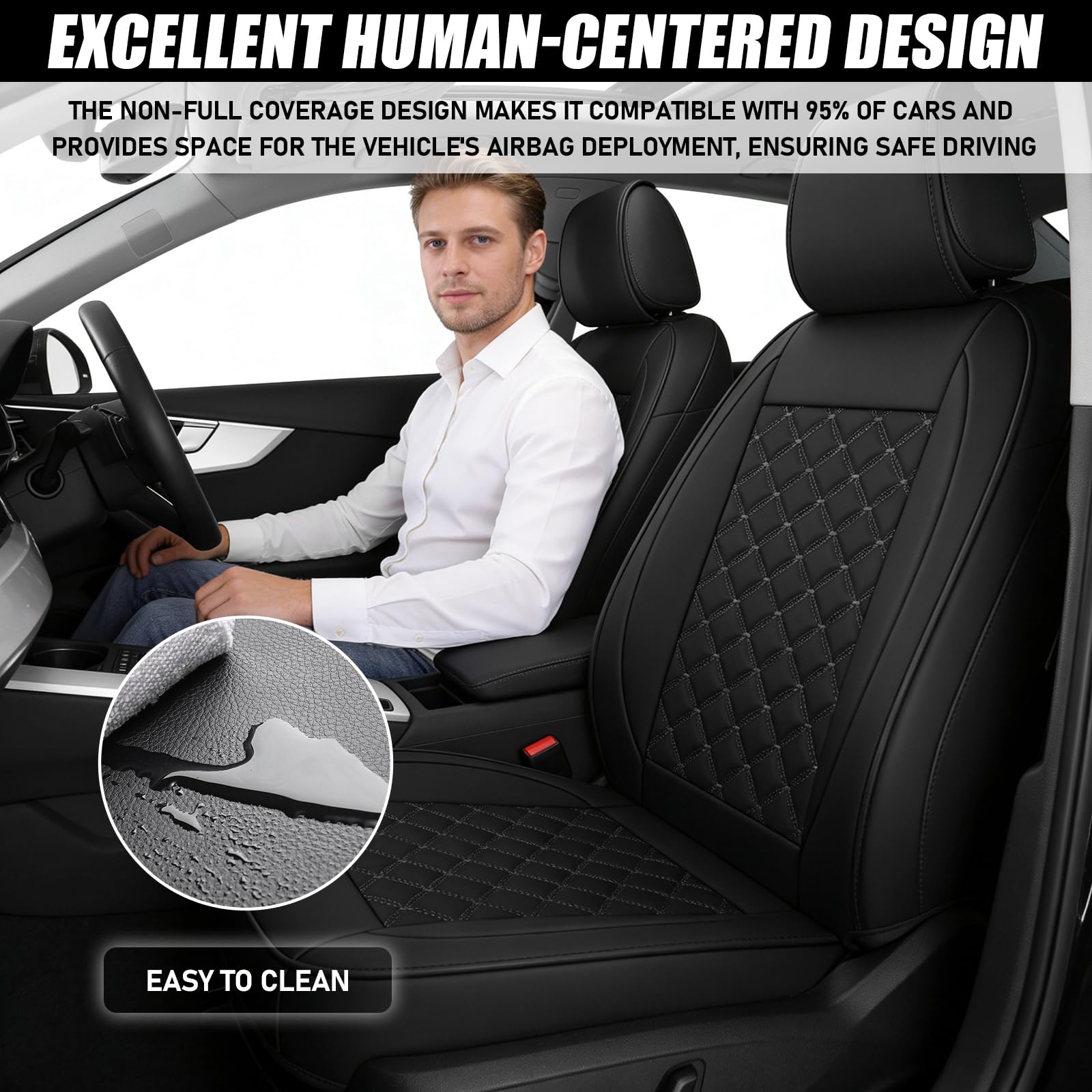 2 Stück PU Kunstleder Auto Vordersitzbezüge, Schwarz mit Rhombus Motiv | Universelle Passform , Airbag Kompatibel, Verschleißfest & Atmungsaktiv, Einfache Montage Autositzbezüge Set