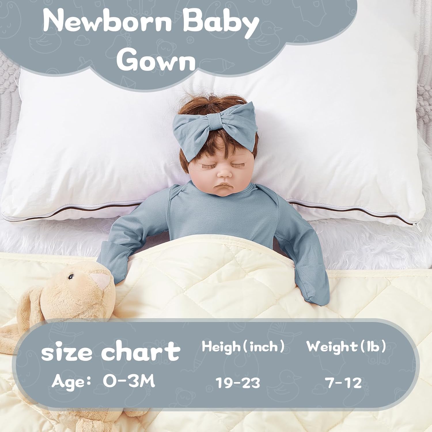 Newborn Baby Knotted Gown, Soft Breathable Baby Sleep Gown with Hat & Headband for Boys Girls - Image 2