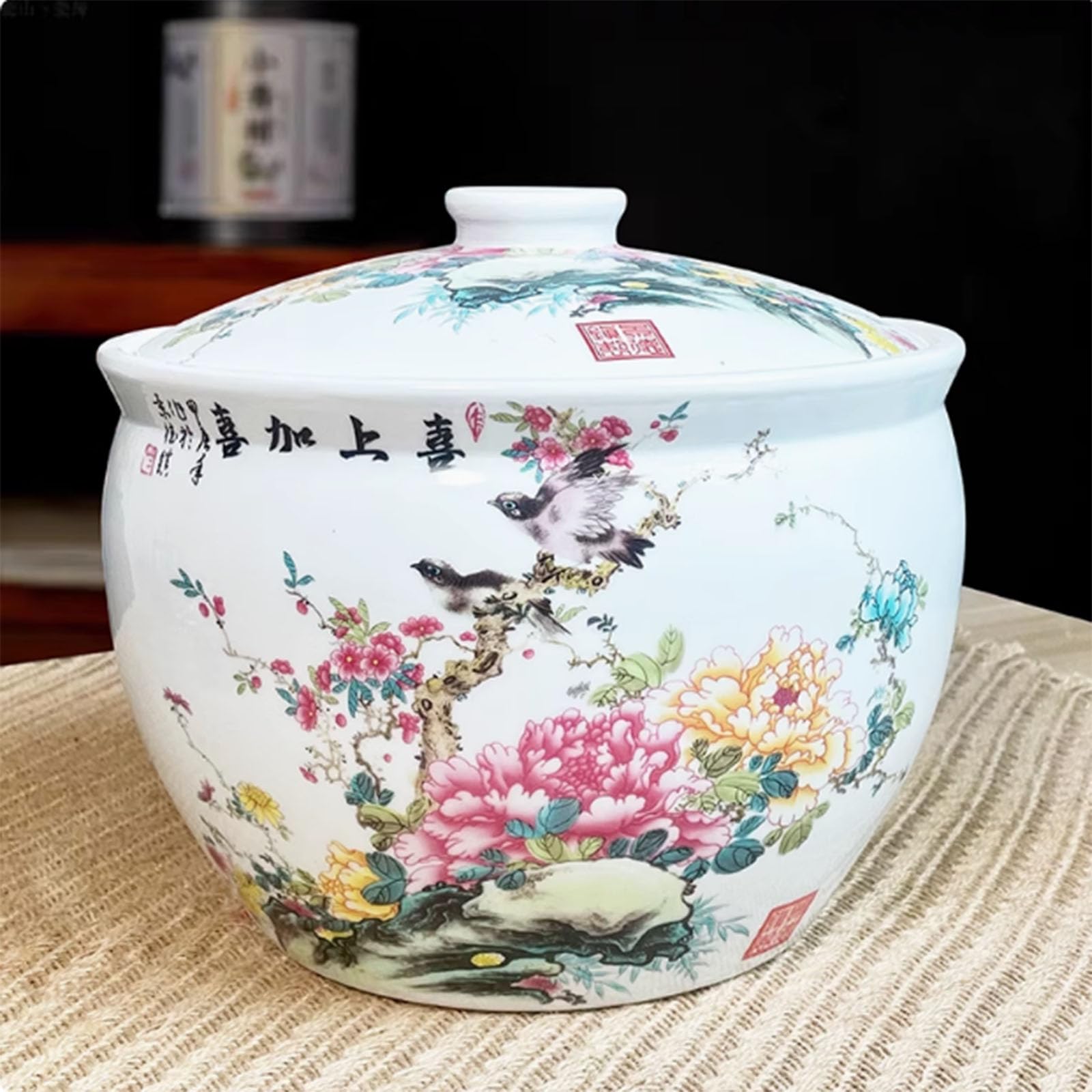 Ceramic Rice Jar, Ceramic Rice Jar with Lid, Ceramic Rice Storage, Grain Storage Container, Chinese Ceramic Rice Jar, Household Rice Bucket, Grain Dispenser Food Storage Jar, Ceramic Storage Container