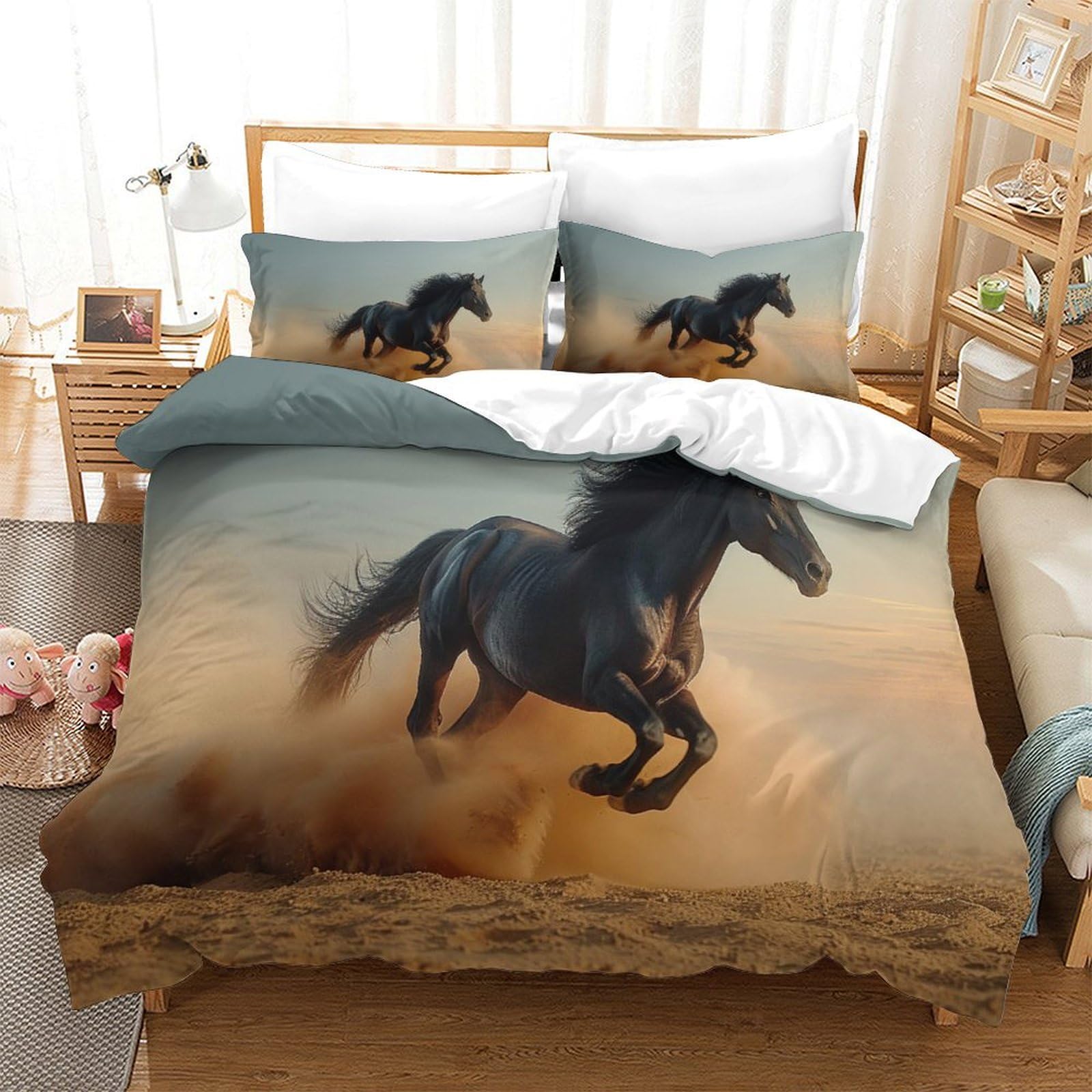 P1S9U7W5Y Dynamic Horse 3D Printed Duvet Cover Set 3pcs Microfiber Animal Bedding Set Double（200x200cm）