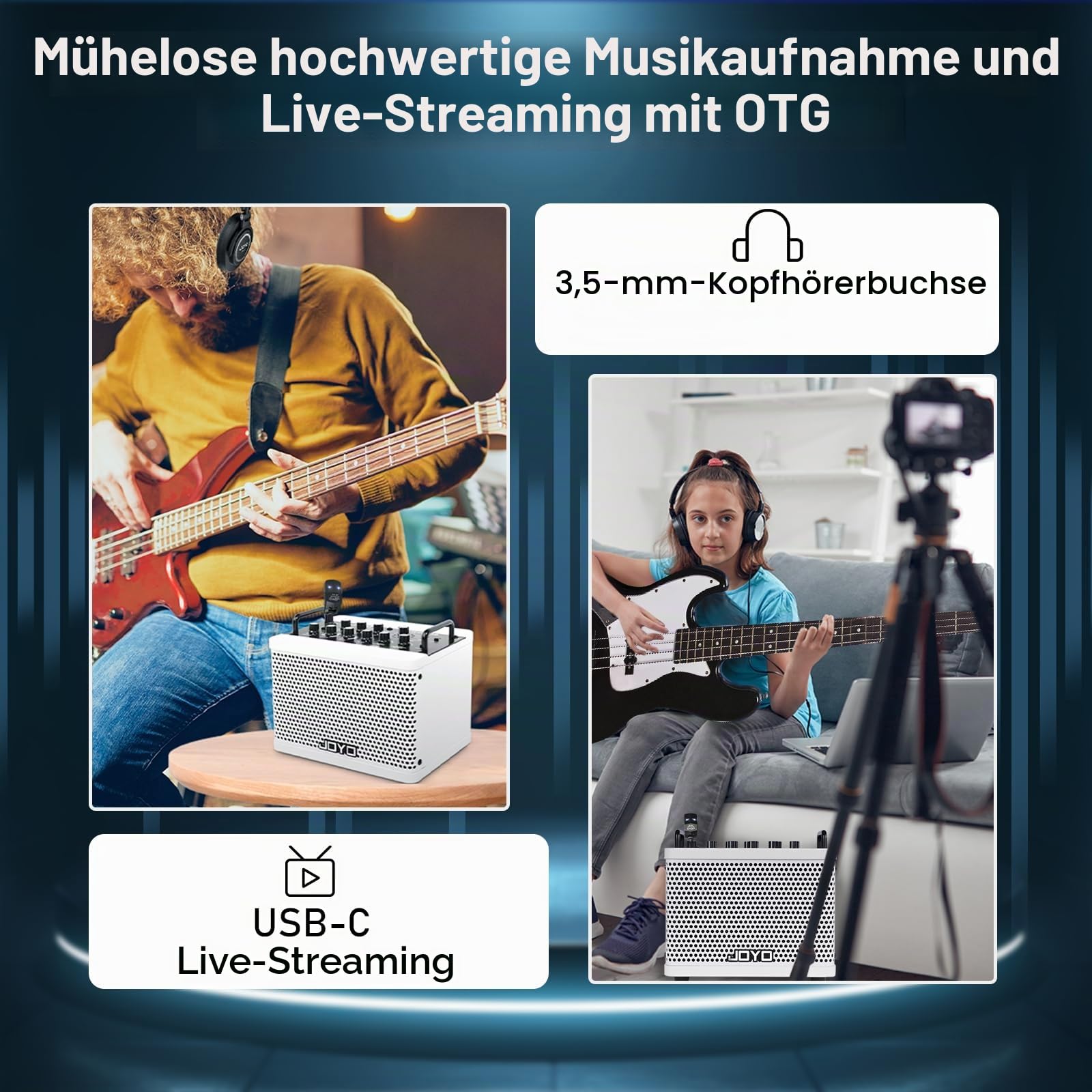 JOYO 15 W Tragbarer Bassverstärker – 9 Verstärkermodelle + 6 Effekte (Modulation, Looper&Rhythmusmaschine) | Wiederaufladbarer Akku | Digitale Modellierung | zum Üben und für kleine Konzerte (DC-15B)