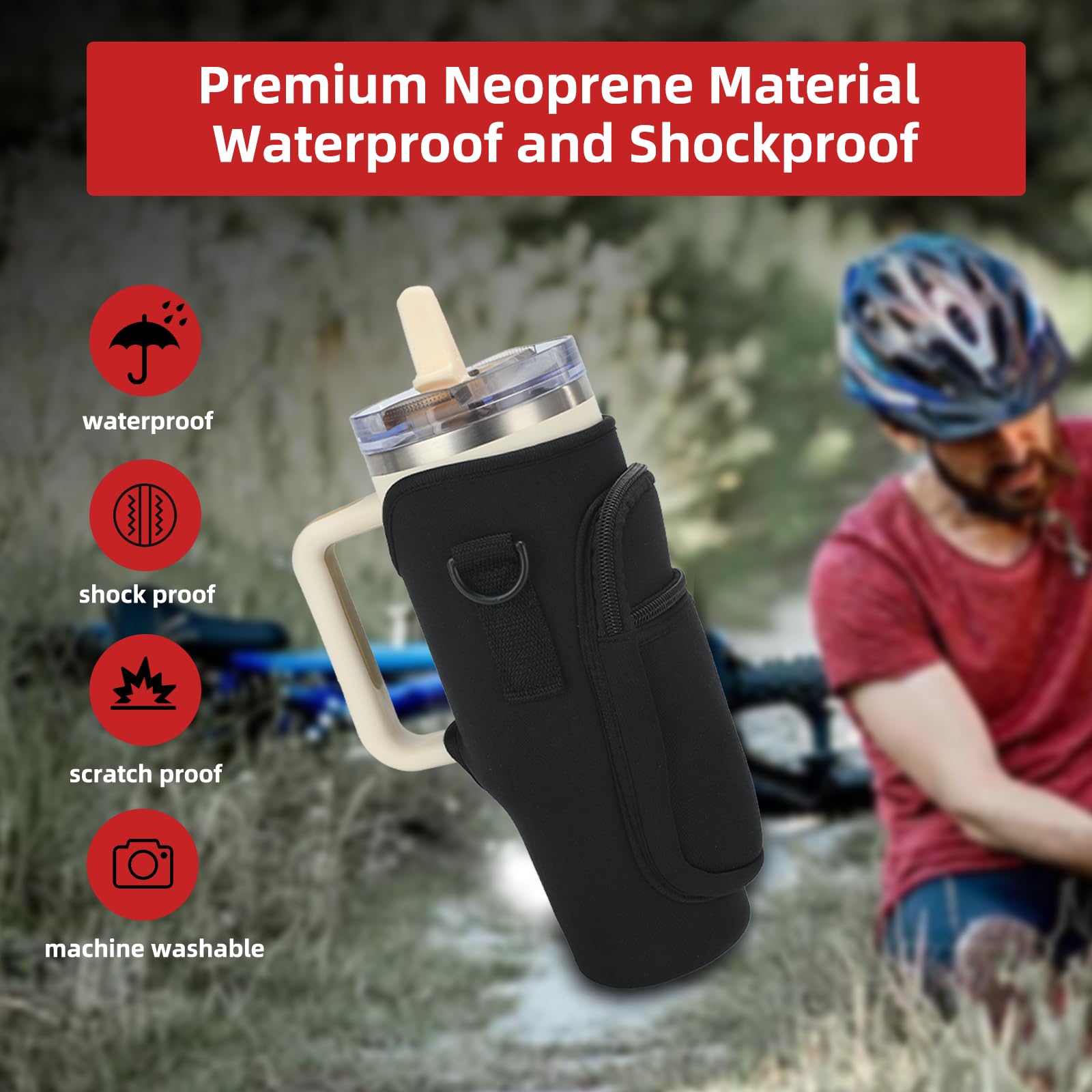 MEZON Water Bottle Carrier Bag for Stanley 40/30 oz Tumbler with Phone Pocket Water Bottle Holder with Strap Neoprene Water Bottle Pouch for Stanley Cup Accessories (Black) 4