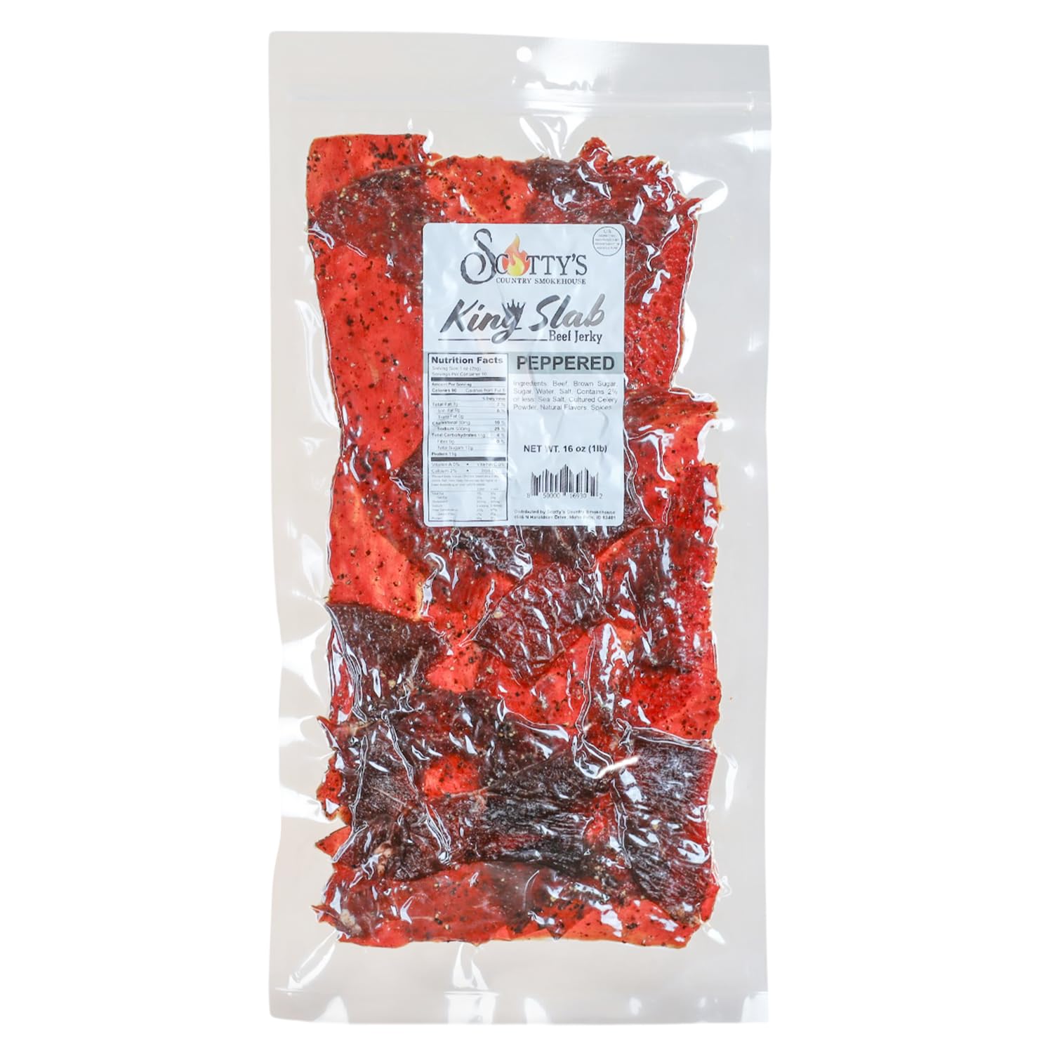 Scotty’s Country Smokehouse King Slab -Peppered, Beef Jerky, 16 oz Large Bulk Beef Jerky Bag, Premium Hand-Trimmed Beef, Thin-Sliced, High Protein, Gluten Free, Made in USA