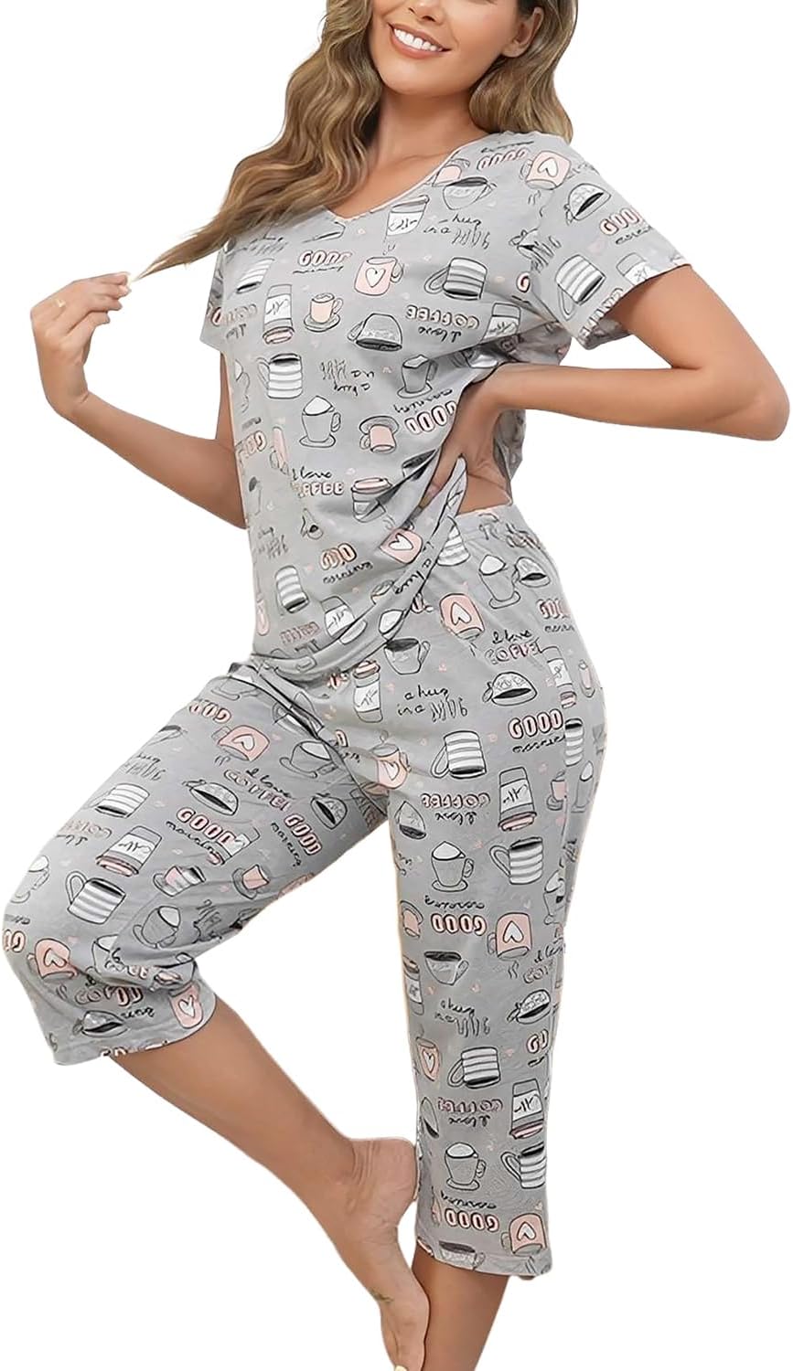 Inadays Womens Cotton Pajama Sets Short Sleeve Top With Capri Pants 2 piece sets for Women Summer Pajamas Lounge Set - Image 4