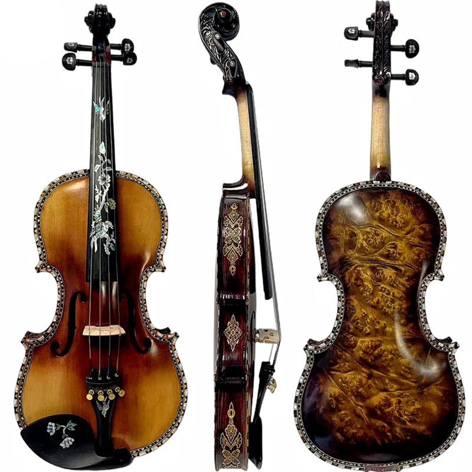 Violino Set Master in legno d'acero 4/4 nervature per violino e intarsio sul manico, bel suono della conchiglia, chiaro e melodioso
