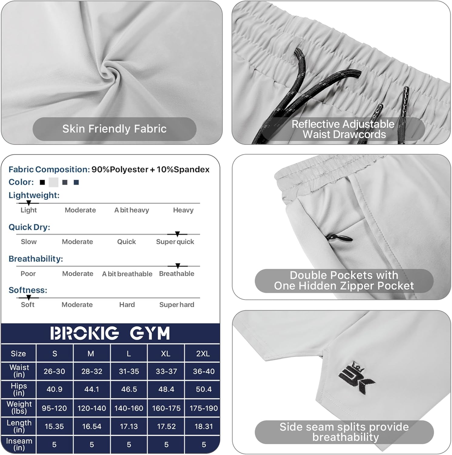 BROKIG Men's Inzip Lightweight Gym Workout Shorts,5 Inch Fitted Athletic Lifting Bodybuilding Shorts with Zipper Pockets