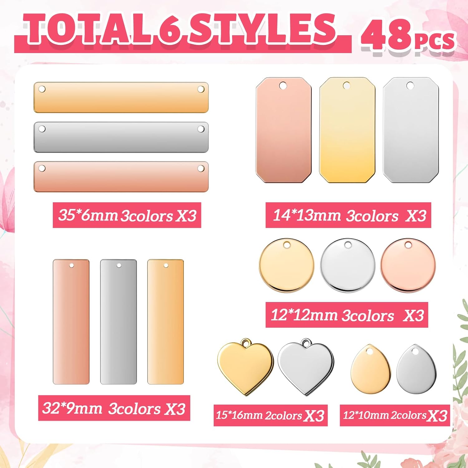 Hicarer 48 Pcs Metal Stamping Blank Tag Pendants for Jewelry Engraving Includes 6 Shapes 3 Colors Jewelry Working for Christmas Gifts DIY Bracelet Necklace Pendant Pet Dog ID Tags Craft Making - Image 2