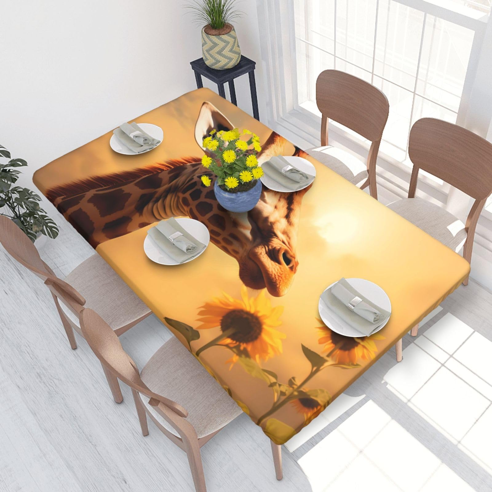 Giraffe And Sunflower Waterproof Square Table Cover Elastic Fitted Tablecloth Oil Proof Table Protector For 4ft Table