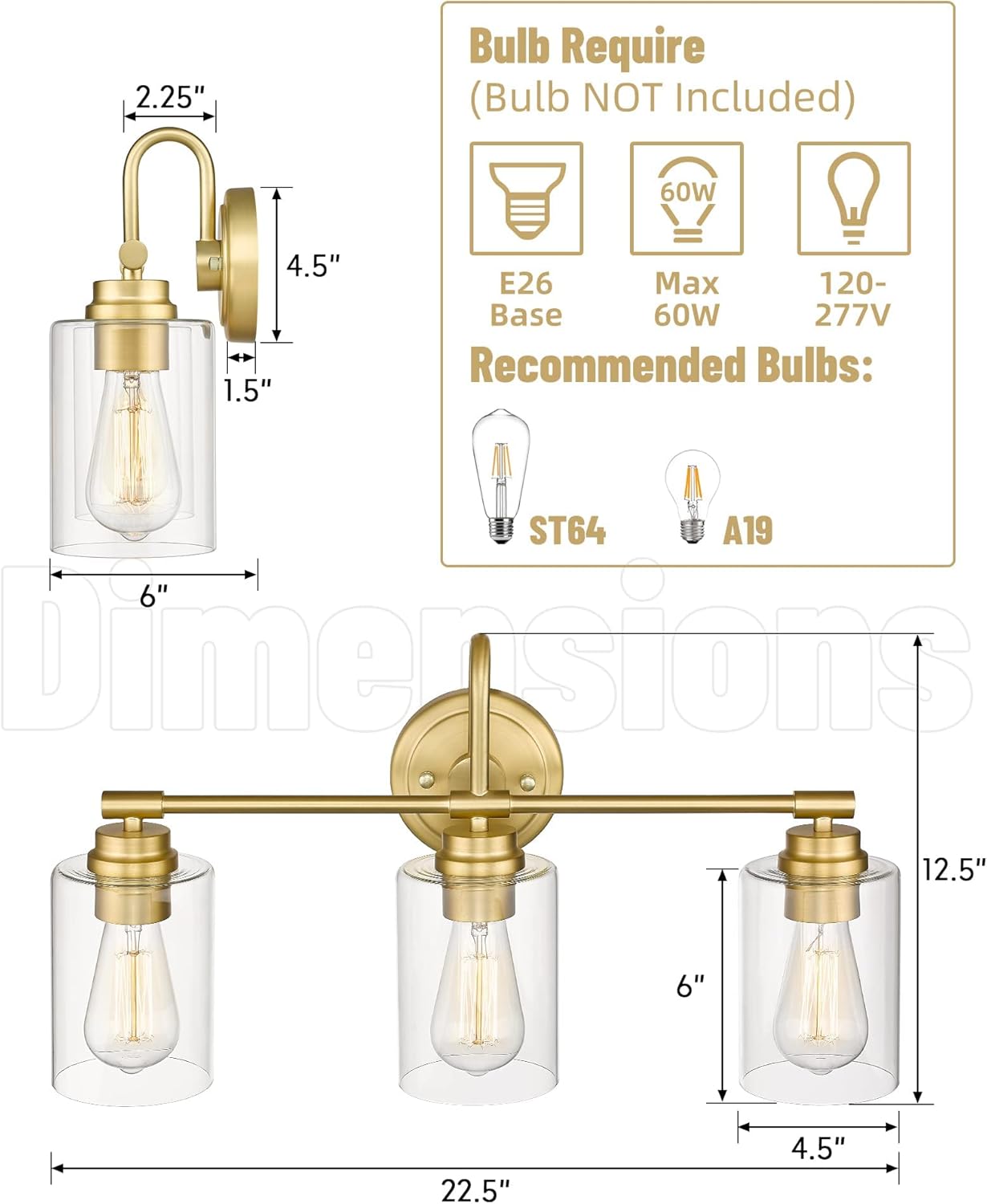 AKEZON Gold Bathroom Light Fixtures, 3-Light Vanity Light Over Mirror Lighting with Cylinder Glass Shade, KW-7306-3