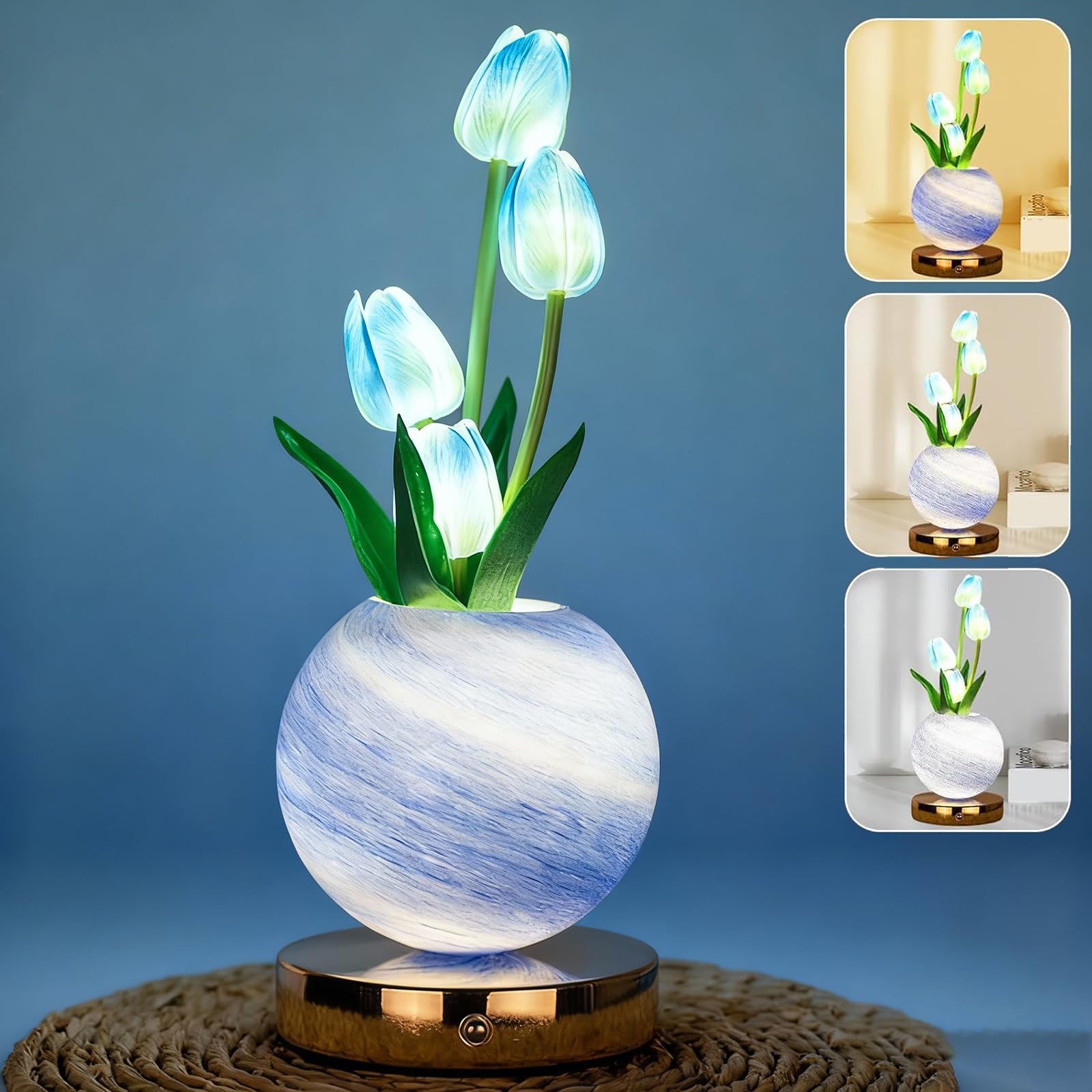 Tulip Table Lamp, Rechargeable Cordless Touch Control 3-Color Dimmable LED Night Light, Artificial Flower Desk Lamp with Remote for Home Decor, Romantic Gifts for Women Girls Mom, Blue