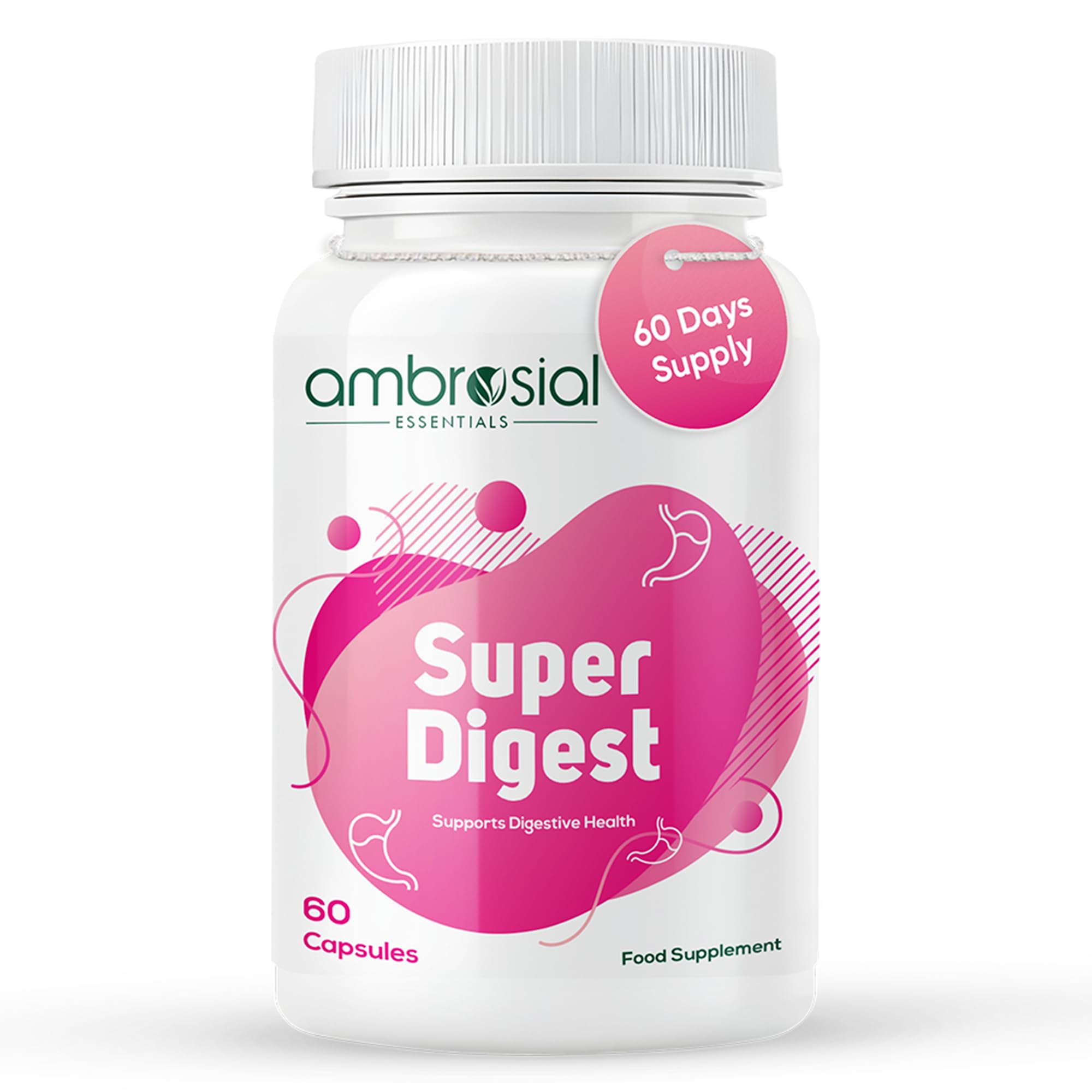 Ambrosial Super Digest with Betaine hcl Pepsin, Ox-Bile, Pancreatin & L-Glutamic Acid | Digestive Enzyme Supplements to Support Optimal Digestion & Gut Health (Pack of 1-60 Capsules)