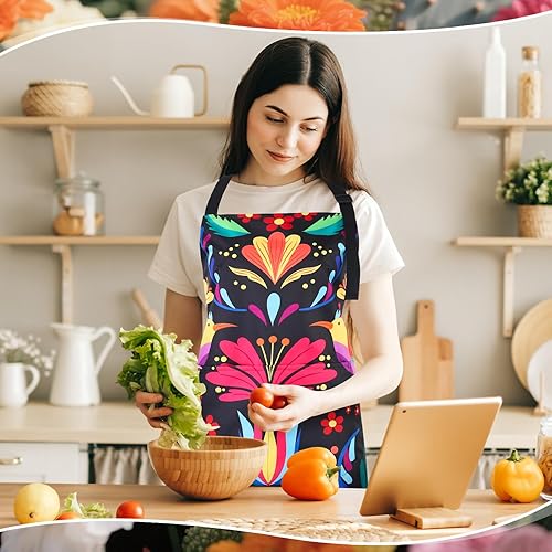 Miniatura 7 de Delantal mexicano para mujer, colorido fondo mexicano con flores y pájaros, delantal de cocina impermeable con bolsillos ajustables para cocina,