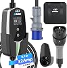 EVDANCE EV Charger Type 2 to CEE Plug [7.36KW, 1 Phase, 6.1M20ft, 10A-32A] 12 Hours Delay Timer, IP66 Waterproof, Electric Car Charger Cable with Commando Plug and LED Display, Sliver
