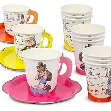 Talking Tables 12 x Alice in Wonderland Disposable Tea Cups & Saucers Set - Mother's Day Afternoon Tea Mad Hatter Easter Birthday Wedding - 170 ml