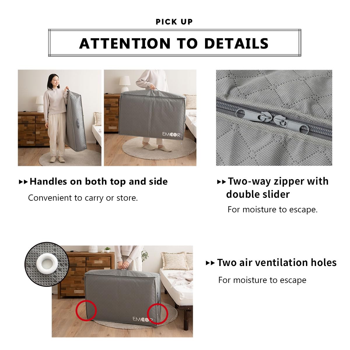 EMOOR Borsa portaoggetti per materasso futon giapponese con carbone di bambù, completa con manici, cerniera bidirezionale, grigio, pieghevole in 3 parti, per shikibuton, tatami, carrozzina, campeggio,