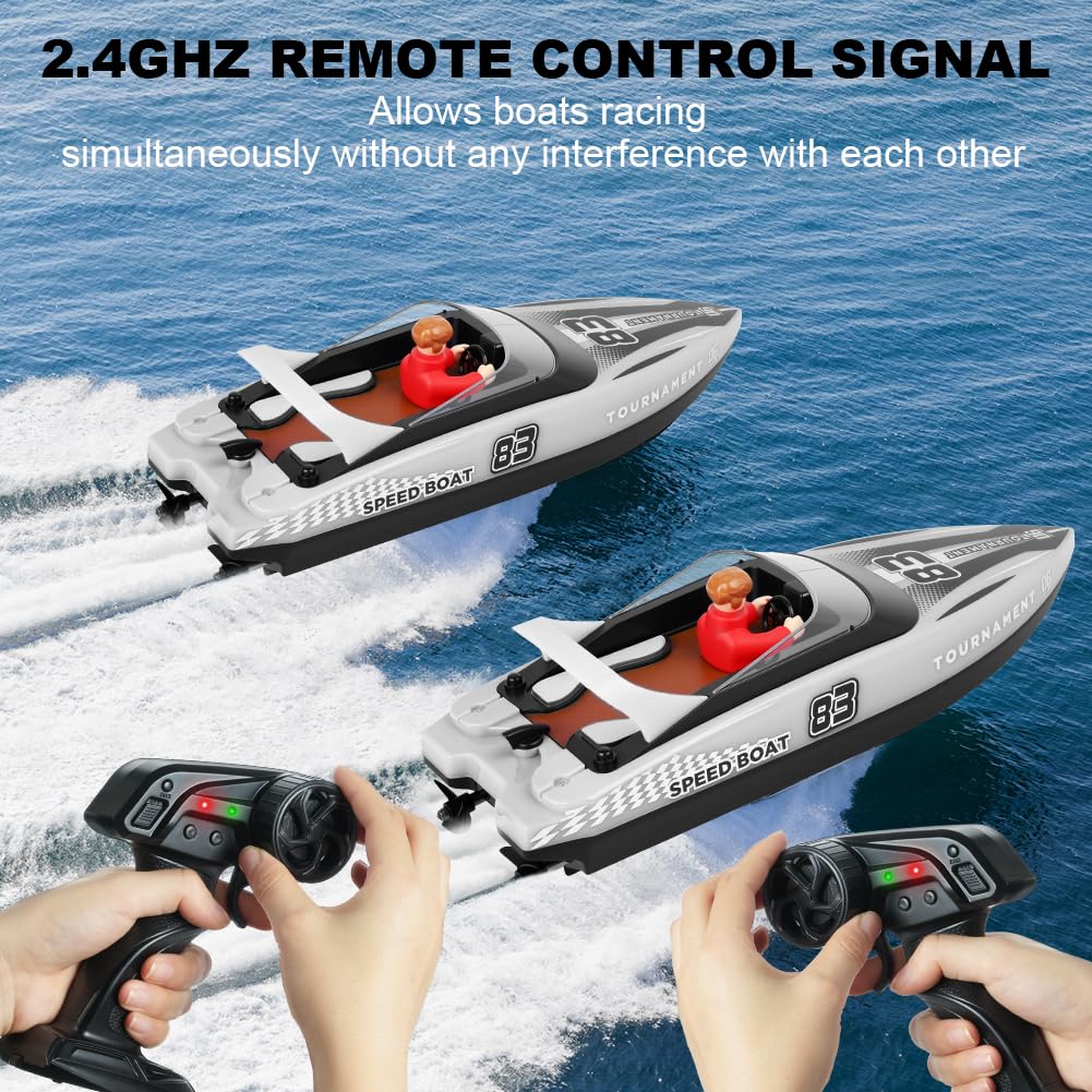 HOTUT Bateau Télécommandé, 2,4 GHz Bateau Telecommandé Enfant, Haute Vitesse RC Bateaux de Course, avec Lumières LED, avec Alarme de Batterie Faible, pour Piscines et Lacs (Blanc