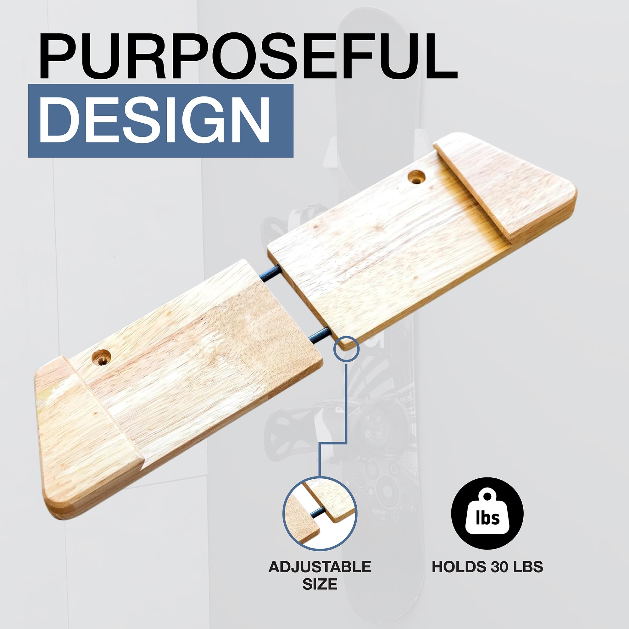 StoreYourBoard Minimalistischer Holz-Snowboardständer, Wandhalterung, Aufbewahrungsdisplay, verstellbare Größe, Massivholz, hält 13,6 kg