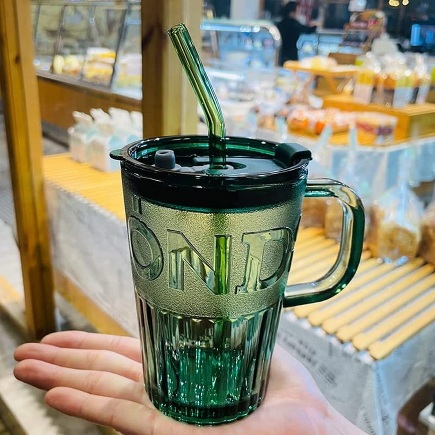 UGU ZONE Glass Mug with Lid & Glass Straw 400 ml, Reusable Glass Tumbler Sipper Bottle with Leakproof Lid for Coffee Tea Milk Smoothies Juice, Travel Office Mug (Green, Set of 1) 3