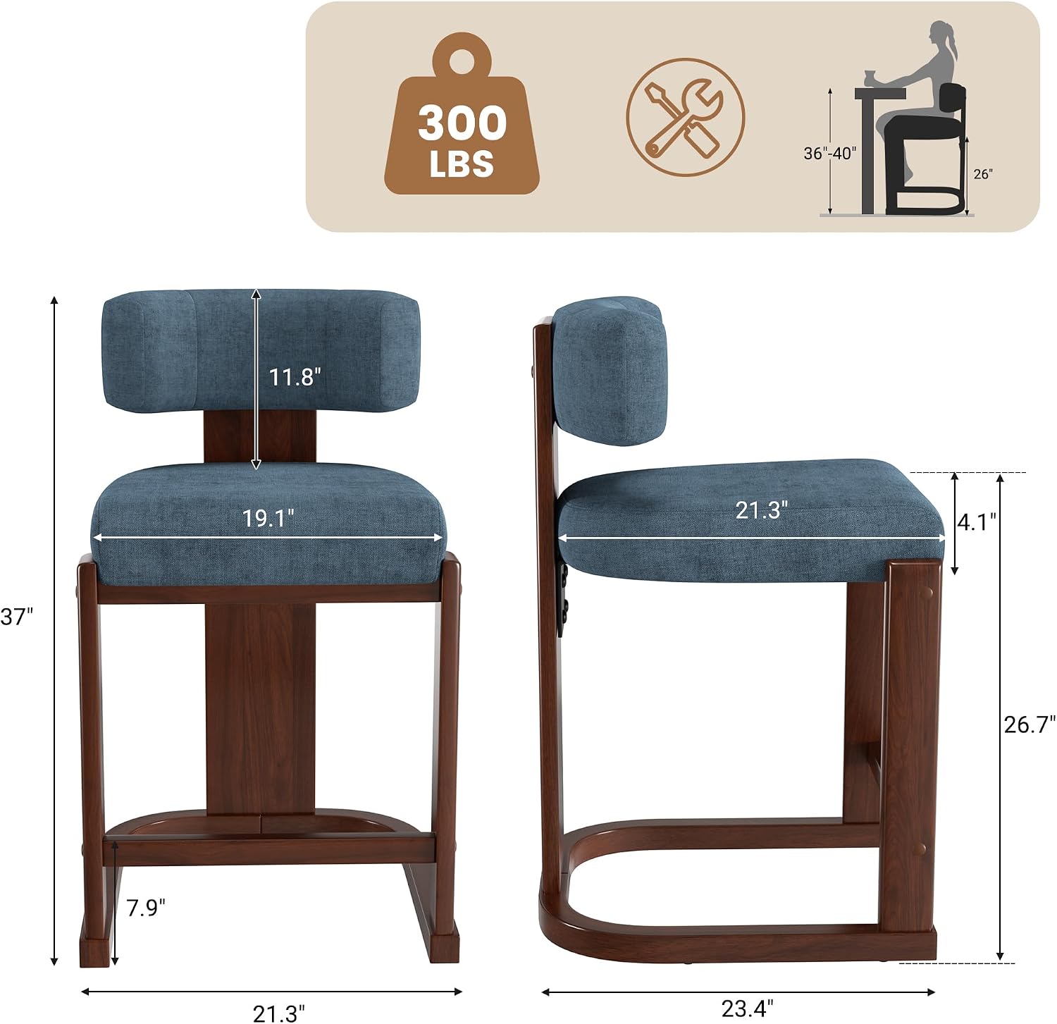 Bar Stools Set of 2, Upholstered Counter Height Bar Stools, Mid Century Modern Counter Stools with Curved Backrest, Solid Wood Legs, 26" Bar Chairs for Kitchen Island Bar, Blue