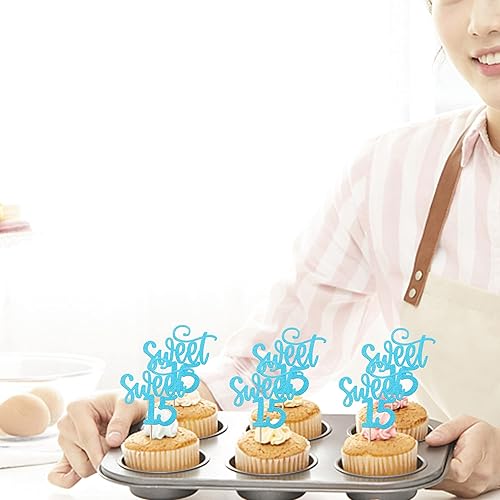 Miniatura 5 de Paquete de 24 adornos para cupcakes de cumpleaños de 15 años con purpurina para 15 años de edad, decoración de cupcakes para cumpleaños de 15 años,