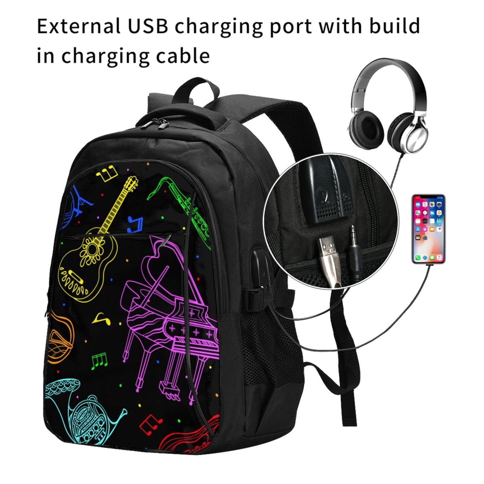 InOmak Musikinstrumente in Neonfarben, Reiserucksack, Freizeitrucksack, Schulrucksack, Laptop-Rucksack für Damen und Herren