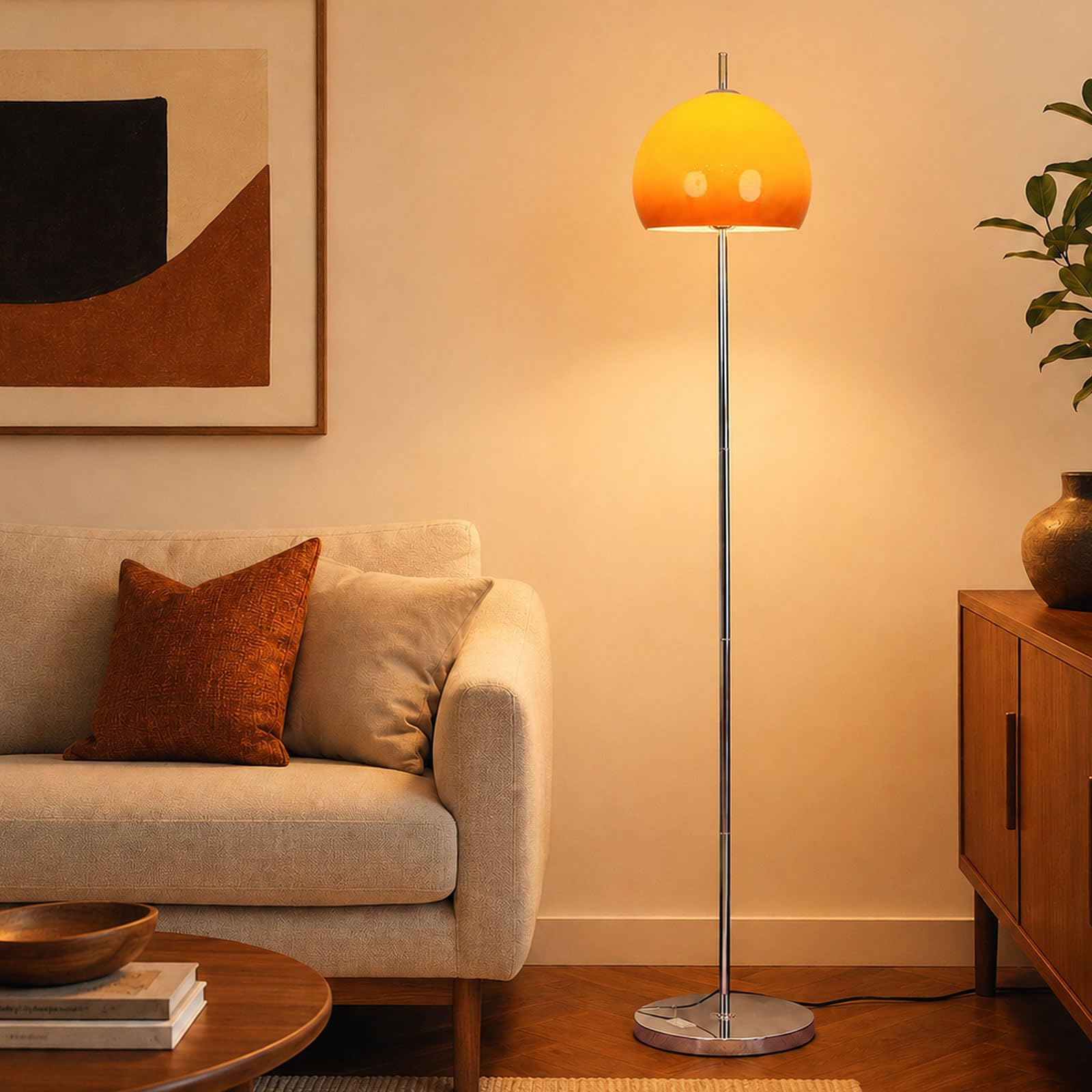 Lámpara De Pie Tipo Seta De 185CM, Estilo Mid-Century Modern, Color Naranja. Lámpara De Pie Con Pantalla De Cristal Y Casquillo E27, Con 3 Temperaturas De Color, Ideal Para El Salón.