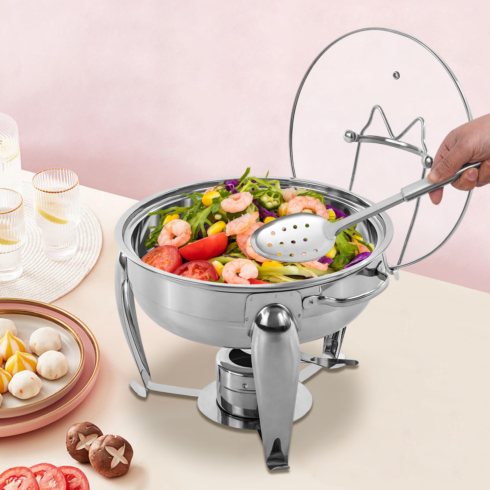 Chafing Dish - Set de buffet redondo de 4 litros, calentador de alimentos de acero inoxidable, estructura de acero inoxidable y tapa de cristal, calentador de sopa para catering, buffet y