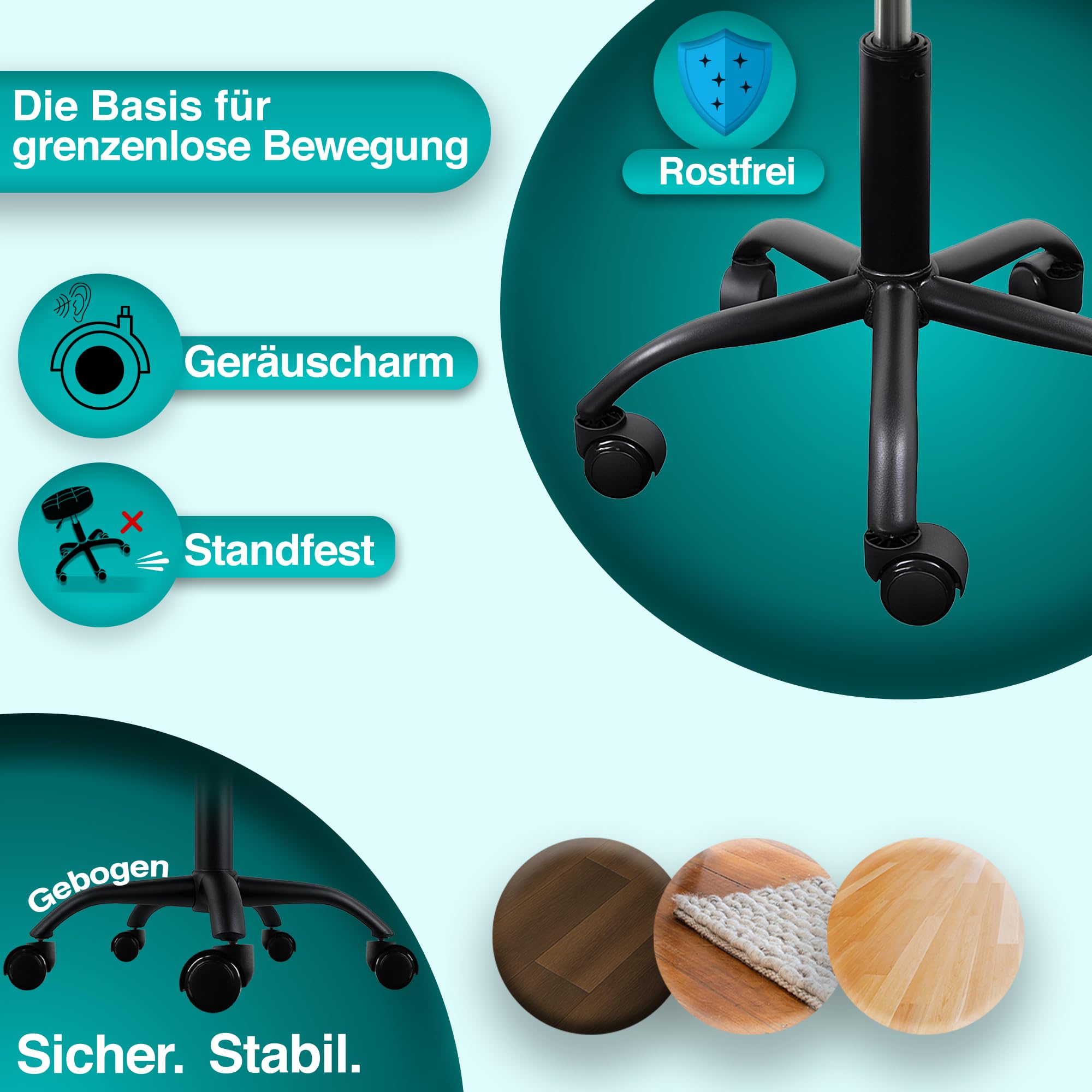 Rollhocker Mit Metall-Basis Und Leisen Gummirollen [Weiß