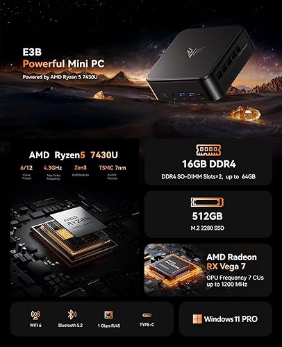 Miniatura 2 de KAMRUI Mini PC E3B con AMD Ryzen 5 7430U (Beat 5500U, hasta 4.3GHz), 16GB DDR4 512GB M.2 SSD Mini computadora, Mini PC para juegos con USB tipo C