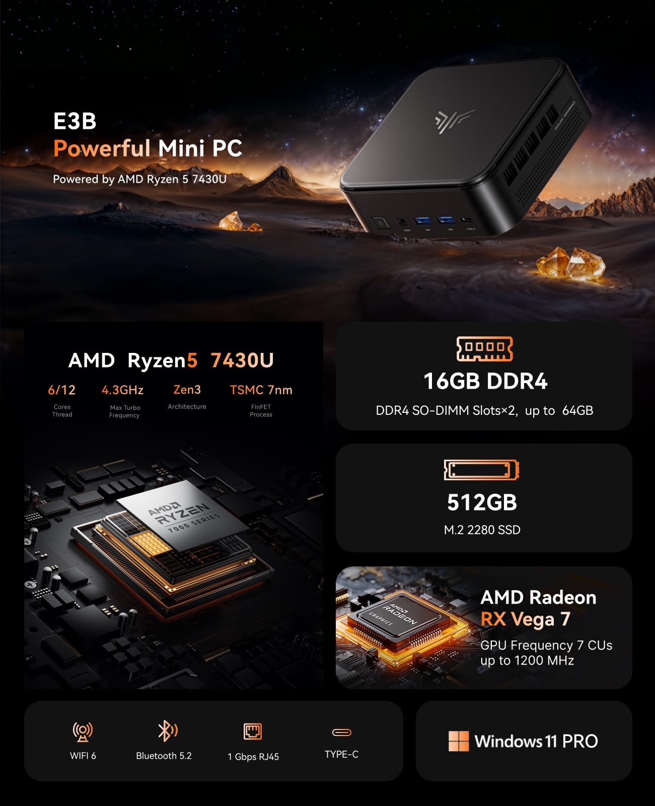 KAMRUI Mini PC with AMD Ryzen 7 PRO 5875U, 16GB DDR4 512GB M.2 SSD