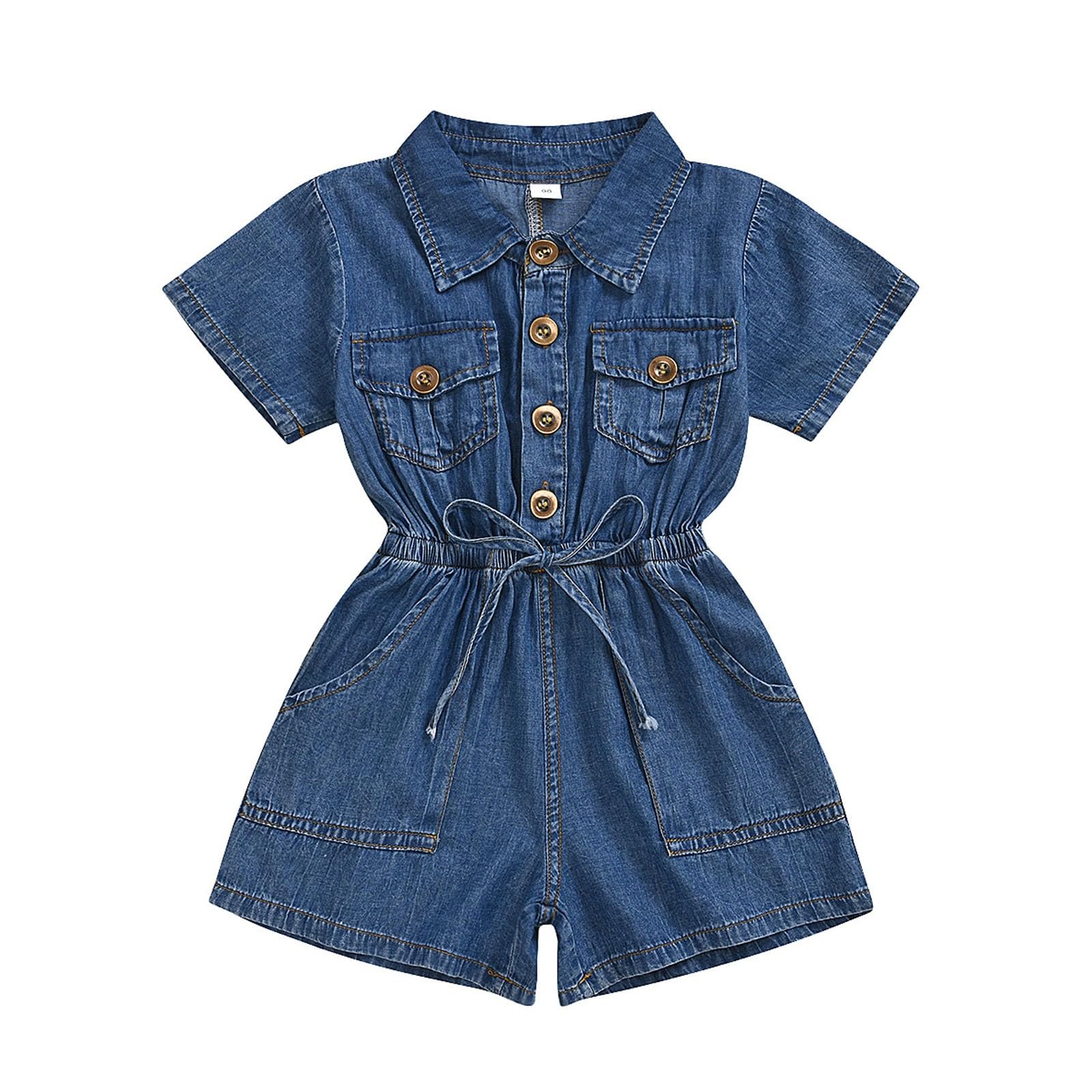 Toddler Baby Girl Button Down Lapel Jeans Girls Short Sleeve Denim Shorts Overalls Romper with (Blue, 2-3 Years)