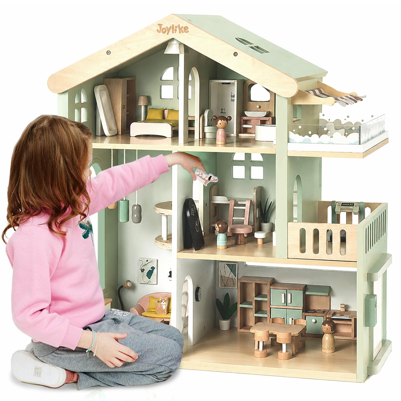 Amazon | 7部屋の木製ドールハウス。53個の玩具フィギュア、家具